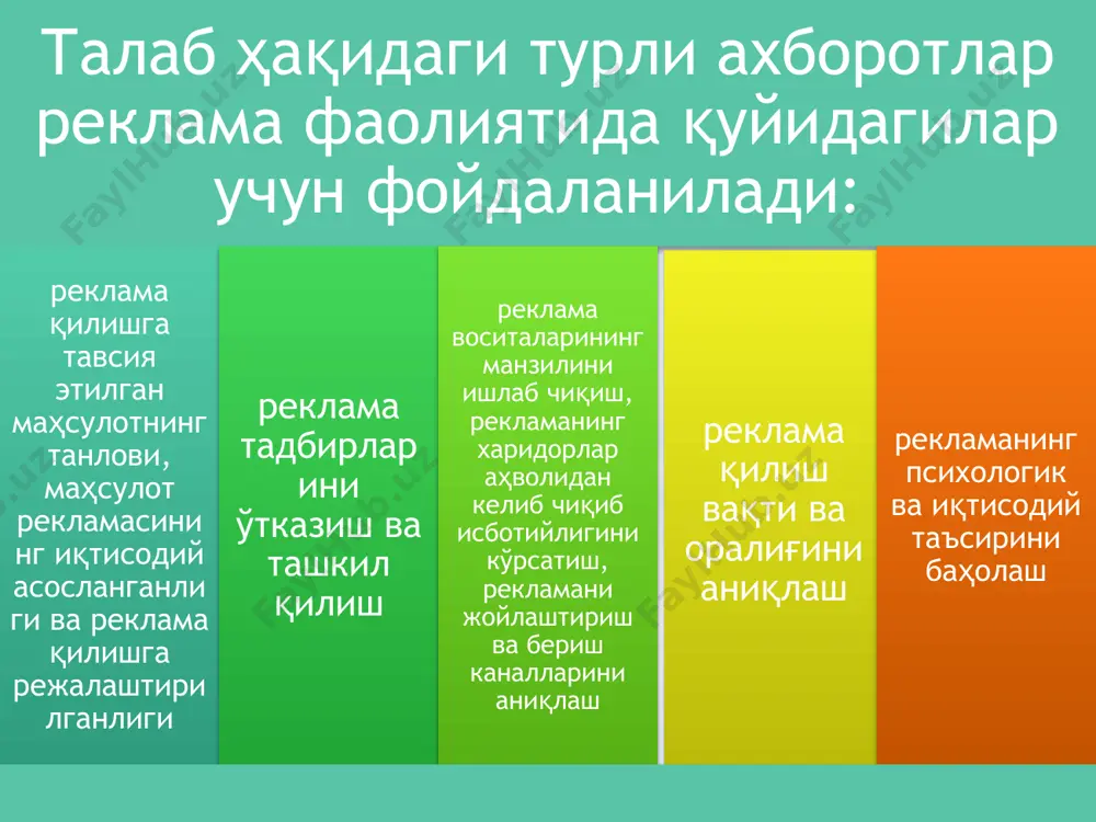 ўз молини сотишга интилади. молларни сотишда унинг рекламасига алоҳида эътибор берилади. туркияда бир қанча махсус реклама газета ва журналлар мавжуд. телевидение ва радио кўпгина вақтни реклама учун ажратади. кўргазмали паннолар, ўзгарувчи нурли рекламалар кишиларни ресторан, кафе, банк ва бошқа жойларга чорлайди. кўча-куйларда, уй деворларида, хуллас ҳамма ерда хизмат қилувчи корхона, муассаса ва шахсларнинг исм ва номлари, манзиллари, телефон рақамлари кўзга ташланиб туради. image1.wmf /docprops/thumbnail.jpeg