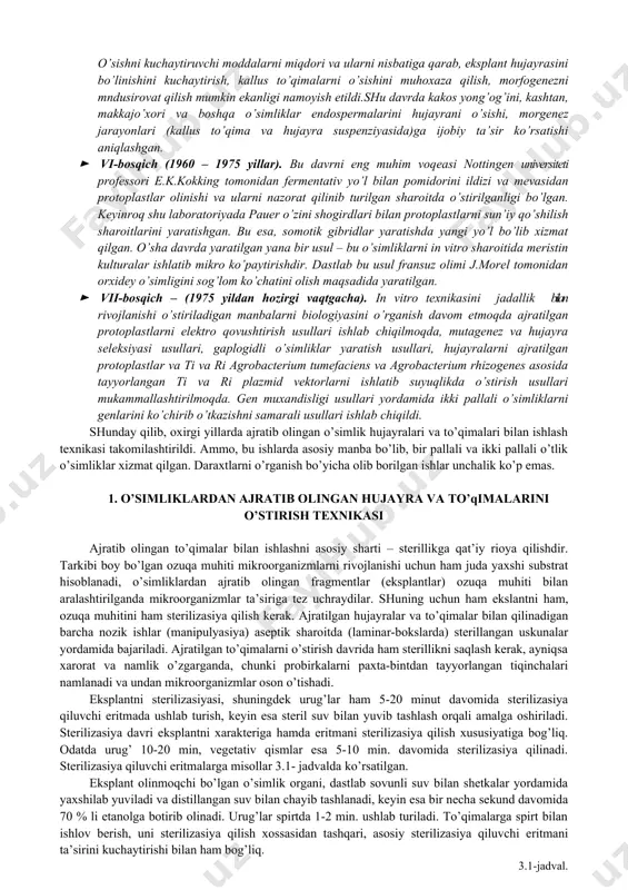 ajratib olingan to’qimalarni ko’paytirish va ekuv materiallarini viruslar va boshqa patogenlardan sog’lomlashtirish maqsadida ishlatish. bu usul, o’simliklarni klonal mikroko’paytirish deyiladi va bitta medistemadan yiliga yuz minglab o’simlik olish imkonini beradi. hujayra va to’qimalar kulturalarini ishlatishdagi natijalar birinchi navbatda hujayralarni bo’linishi, ularni tabaqalanishi va ulardan o’simlik o’sib chiqishini belgilovchi, fiziologik jarayonlarni optimizasiyasiga bog’liq. eng murakkab tomon bu alohida hujayradan o’simlik regenerasiya qilish. birinchi navbatda bu boshoqli o’simliklarga tegishli. shuning uchun ham in vitro sharoitda morfogenez regenerasiya va ularni asosida yotgan jarayonlarni mexanizmlarini aniqlash, eng muhim ahamiyatga egadir. o’simliklardan ajratib olingan to’qimlarni o’stirishga xarakat ancha uzoqlardan ma’lum. bu metodni rivojlanish tarixini bir necha bosqichlarga bo’lib o’rganish mumkin: · i-bosqich (1892 – 1902 yillar) – xaberlandt, fexting, rextiger kabi nemis olimlarini nomlari bilan bog’liq. ular saxaroza eritmasida xar xil o’simliklar to’qimalarini o’stirishga urinib ko’rishgan, ammo o’simliklarni o’sishi kuzatilmagan. faqatgina qoqi o’tini va tol daraxtini poyalarini sigmentlari uchun birlamchi kallus olingan va kallusgenezga aylanishi …