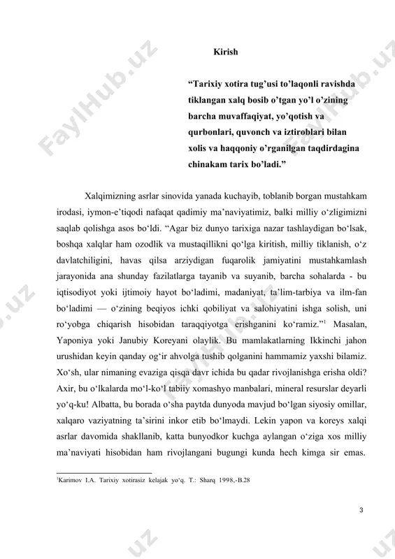 miz: ”muayyan masalada turli fikrlarni berish, bahs orqali haqiqat oydinlashuviga erishish lozim. tarixiy voqealarni, shaxslar faoliyatini izohlash yo‘li bilan odamlarni asl haqiqatdan ogoh etishimiz kerak”, - deb ta’kidladi.1 ushbu vazifalardan eng muhimi - yangi jamiyatimizni isloh, qilish va yangilash jarayonini boshqaradigan va ta’minlaydigan, hozirgi davr talabi asosida yangicha fikrlaydigan yoshlarni tarbiyalash, muhimi, ular ongiga milliy istiqlol, vatanga sadoqat va yurtparvarlik g‘oyalarini yanada chuqurroq, singdirish va teran anglatishdan iboratdir. 1 karimov i.a.yuksak manaviyat – yengilmas kuch. manaviyat-t.: 2008. prezidentimiz o‘zining “yuksak ma’naviyat – yengilmas kuch” nomli asarida shunday yozadi:” o‘z tarixini bilmaydigan, kechagi kunini unutgan millatning kelajagi yo‘q. bu haqiqat tarixida ko‘p bora o‘z isbotini topgan.” o‘zbekistan respublikasi istiqlolga erishishi natijasida jamiyatimizning barcha sohalarda tubdan o‘zgarishlar amalga oshirilmoqdi. xususan, vatanimiz tarixiga milliy vatanparvarlik nuqtai-nazaridan qiziqish ortmoqda. sovet mustamlakachiligi yillarida eng qadimgi davrlardan to o‘zbekiston mustaqillika erishguniga qadar bo‘lgan tariximiz soxtalashtirildi. endilikda, ya’ni mustaqillik yillarida tarixshunosligimizda bir qator amaliy ishlar amalga oshirildi …