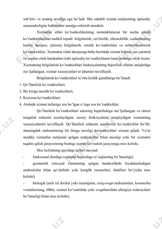 a xizmat ko’rsatish jarayoniga mos kelishi. mos kelishning quyidagi turlari mavjud: · funksional (boshqa xizmatni bajarishga to’siqlarning bo’lmasligi); · geometrik (mavjud xizmatning qolgan hamkorlikda foydalaniladigan mahsulotlar bilan qo’shilishi yoki kenglik razmerlari, shakllari bo’yicha mos kelishi); · biologik (turli xil dorilar yoki muolajalar, oziq-ovqat mahsulotlari, kosmetika vositalarining, tibbiy xizmat ko’rsatishda yoki ovqatlanishda allergiya reaksiyalari bo’lmasligi bilan mos kelishi); · elektromagnit (xizmat natijasi bo’yicha hamkorlikdagi ish va qolgan mahsulotlarning o’zaro elektromagnit to’siqlarining bo’lmasligi bo’yicha mos kelish imkoniyati); · elektrik (xizmatlar natijasini elektr toki, quvvatlariga ulash imkoniyati); · dasturli (hamkorlikda foydalaniladigan xizmat natijalari va boshqa mahsulotlar uchun yagona dasturlar va dasturlashtirish tillaridan foydalanish imkoniyatlari bilan aniqlanadi); · texnologik (xizmatni taqdim etish jarayonida yoki uning natijasida, qolgan hamkorlikda foydalaniladigan ob’ektlardagi texnologiyalarga mos kelmaslikning bo’lmagani bilan aniqlanadi); · metrologik (hamkorlikda foydalaniladigan xizmat natijasi va boshqa mahsulotlarning normalar va parametrlarga o’zaro to’g’ri kelishi, o’lchash vositalarining kichik xatoliklarining mos kelishi); · axborot (taqdim etilayotgan axborotning hajmi, turi …