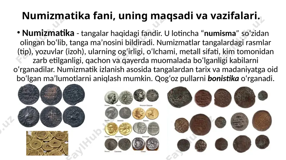 rila boshlandi. lidiya davlati krez davrida (mil. av. 561-546 y) kir ii tomonidan (546 y) qulatilgan. keyin bimetallizmga (tilla va kumush qorishmasi) asoslangan tanga tizimi tatbiq etilib, bu tizim eronda keng tarqaldi1. tanganing zarb etilishi davlatning tashkil etilishi bilan ham bog‘liq. biroq, lidiya tangasini davlatning tashkil topishi bilan bog‘lash mumkin emas. chunki lidiya yoki eginga nisbatan shumer, akkad, bobil va yunon shahar davlatlarining taraqqiyoti yuqori darajada bo‘lgan, ammo ularda tanga zarb qilinmagan edi. lidiya va eginda savdo-sotiq rivoji tangani kashf etilishiga olib keldi. qadimgi yunoniston tangalarida ma’budalar bilan birga muqaddas hayvonlar tasvirlangan. masalan, afina tangalarida afina ma’budasinng bosh qismi yoki boyo‘g‘li, olimpiya tangalarida esa bosh xudo zevsning bosh qismi tasvirlangan. qora dengizning shimoliy sohilida joylashgan yunonlarning olviya shahri yeangalarida delfinga hamla qilayotgan burgut tasvirlangan. numizmatika o‘zining metodikasi va terminologiyasiga ega. tanga tipi – tasvir elementlarining barqaror kompozitsiyasi, unga tanganing old va orqa tomonidagi yozuvlar kiradi. bu holatda tangadagi yozuvning mazmuni …