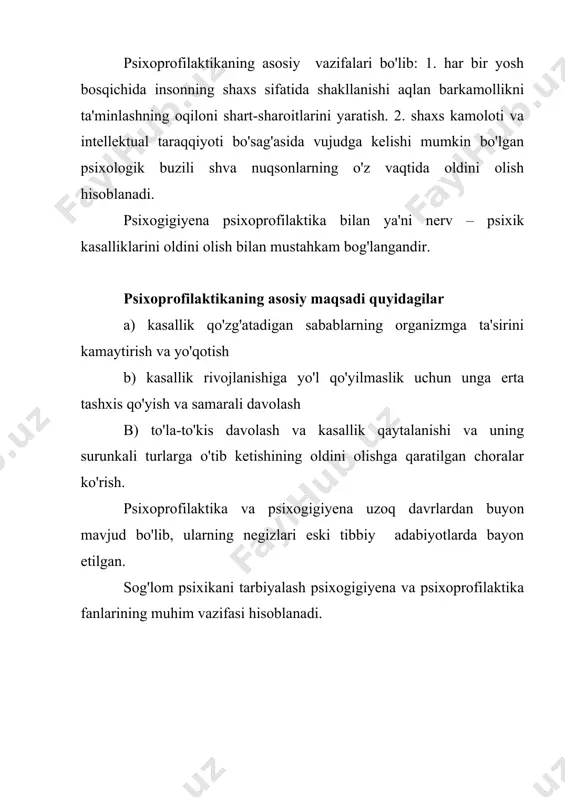 o'ziga hos psixogigiyenik talablariga amal qilish sog'lom turmush tarzigi ta'minlaydi. jumladan kun tartibi, to'g'ri ovqatlanish jismoniy tarbiya bilan shug'ullanish va boshqalar. nima uchun odam mexnat qiladi? mehnat va o'qish psixogigiyenasi. psixogigiyena nuqtai nazaridan mehnat odamga foydali va zarurdir.kishining mehnatga emosional jixatdan qanday munosabatda bo'lishi juda muhim omil hisoblanadi. mehnat shaxsni shakllantirish vositasi, ijod, ilxom va turli-tuman xissiy kechinmalarning manbai bo'lib xizmat qiladi. mehnat psixologiyasining mehnat faoliyatining barcha turlariga ta'luqli bo'lgan bir necha umumiy vazifalari va muammolari mavjud. agar kishining kasbi uning qizishlari va tayyorgarligiga mos kelsa, u holda mehnat quvonch, zavq, ruhiy sog'lomlik manbaiga aylanadi. mehnat psixogigiyenasining muhim bo'limlaridan biri aqliy mehnat gigiyenasidir. aqliy mehnat noto'g'ri tashkil etiladigan bo'lsa, salomatlikka putur yetkazadigan omil bo'lib qolishi mumkin. aqliy mehnat miya tinib turgan paytda (kunning birinchi yarmida) ayniqsa samarali va foydali bo'ladi. bunday mehnat tanafussiz 3-4 soatdan uzoq cho'zilmasligi kerak. aqliy mehnat bilan shug'ullanayotgan odamning tez-tez chalg'ib turishi, shovqin-suron, telefon qo'ng'iroqlari va …
