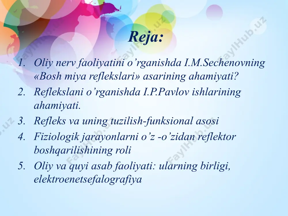 , chiroq ravshan yoqib yuborilganda qorachig’ torayadi (qorachig’ refleks); oyoqning tagini qitiqlash, silash yoki unga igna sanchish oyoq panjasi va barmoqlarining bukilishiga sabab bo’ladi (oyoq kafti refleksi); barcha reflekslarda sezuvchi yoki markazga intiluvchi nervlarning oxirlari, ya’ni retseptorlar ta’sirlanadi. retseptorlarda kelib chiqqan qo’zg’alish markazga intiluvchi nerv tolasi orqali markaziy asab tizimiga boradi. markazga intiluvchi nerv tolalari orqa miyadan tashqaridagi -umurtqalararo teshiklarda joylashgan maxsus nerv tugunlaridagi nerv hujayralarining uzun ochiqlaridir. i) qo’zg‘atiladigan yoki ta’sirlanadigan retseptorlar, yoki retseptiv maydoni; 2) afferent (sezuvchi) ya’ni retseptiv maydonidan impulslarni asab tizimiga olib boruvchi neyronlar; 3) asab tizimi chegarasida impulslarni o’tkazuvchi oraliq neyronlar; 4) nerv impulslarni asab tizimidan ishchi a’zolarga olib boruvchi efferent neyronlar; 5) ishchi organga faoliyatining xarakteri va jadalligi haqidagi impulslarni retseptorlardan o’tkazuvchi afferent neyronlar; 6) retseptiv maydondagi moddalar almashinuvini boshqaruvchi, ishchi a’zolar effektorlari har qanday refleksning bajarilishi uchun fiziologik jarayonlarni o’z -o’zidan reflektor boshqarilishining roli organizmning hujayralari nisbatan doimiy muhitda faoliyat ko’rsatadi, ya’ni ular …