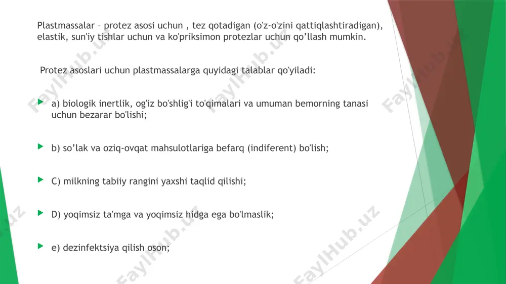 lar (polimerning kuchini oshiradigan makromolekulalar o'rtasida o'zaro bog'liqlik yaratish uchun), mikroblarga qarshi vositalar (polimer materiallarida mikroorganizmlarning paydo bo'lishi va ko'payishiga to'sqinlik qiluvchi qo'shimchalar) kiritilishi mumkin. mamlakatimizda ishlatiladigan barcha asosiy plastmassalar hozirda issiq davolash materiallariga tegishli, ya'ni.ularga issiqlik ta'siridan keyin qattiqlashadi "etakril-02" - pushti rangli plastmassa. suyuqlik-inhibitor (gidrokinon) va plastifikator (dibutil ftalat) qo'shilgan metil metakrilat, etil metakrilat va metilakrilat aralashmasi. kukun-yuqoridagi efirlarning sopolimeri hisoblanadi. titan dioksidi bilan qoplangan va bo’yoqlar bilan bo'yalgan dibutilftalat bilan plastiklashtirilgan. tayyor shakldagi "etakril" plastmassasi qattiqligi, mustahkamligi va o'ziga xos yopishqoqlikka ega. "akrel" - o'zaro bog'langan polimer zanjirlari bo'lgan sopolimer. suyuqlik- inhibitor qo'shilgan metil metakrilat. kukun-dibutil ftalat bilan plastiklashtirilgan mayda dispersiyali polimetil metakrilat. plastmassa suyuqligiga kiritilgan metilometakrilamid biriktiruvchi vosita sifatida ishlatiladi. shu tufayli plastmassa eng yaxshi fizik-mexanik xususiyatlarga ega. "ftoraks" - bu ftor o'z ichiga olgan akril kopolimer bo'lib, u yuqori elastiklik va kimyoviy qarshilikka ega. plastmassa shaffof va yumshoq og'iz to'qimalariga yaxshi ifodalab beradi. “akronil”- yangi …