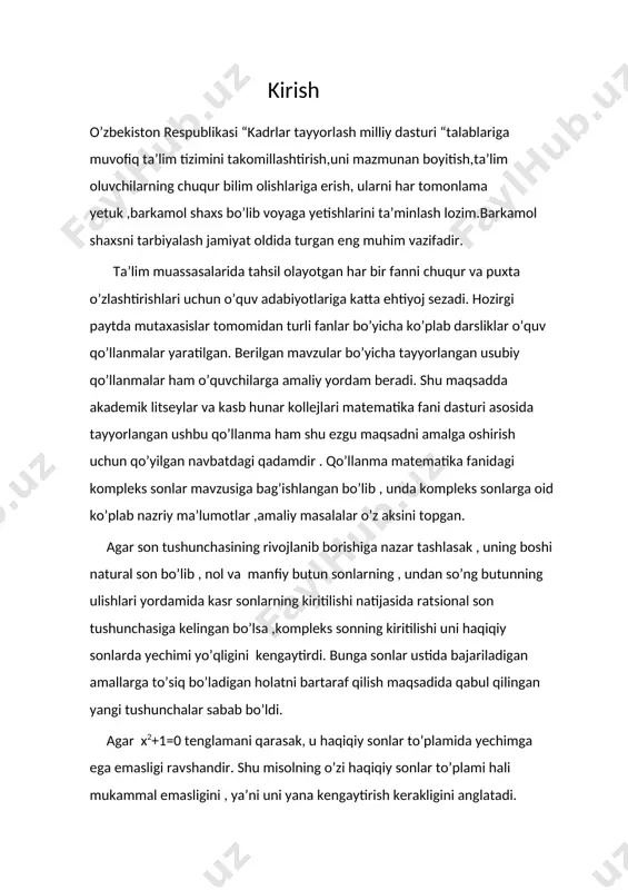 salohiyotiga mos kelajak avlodni tarbyalash bugungi talim tizimi oldida turgan dolzarb vazifa bo’lib, bu o’z navbatida ta’lim jarayonida mumtazam ravishda innovatsion yondashuvlarni amalga oshirishni talab etadi. innovatsion yondashuvlar - ta’lim jarayonida zamonaviy pedagogik texnologiyalarni qo’llash demakdir. mazkur kurs ishi mavzusining dolzarbligi ham mana shunda. matematikani o’qitishda umumiy sistemasida kompleks sonlar yechish samarali mashq turlaridan biridir. kompleks sonlar bolalarda avvalo mukammal matematik tushunchalarni shaklllantirish,ularning programmada berilgan nazariy bilimlarni o’zlashtirishlarida favqulotda muhim ahamiyatga ega. masalan, agar biz kompleks sonlar haqida to’g’ri tushuncha shakllantirishni istasak, buning uchun bolalar yechimni topishga doir yetarli miqdorda sodda misollarni deyarli har gal to’plamlarni birlashtirish amalini, bajarib yechishlari zarur. shunday qilib, misollar konkret material bo’lib, ular yordamida bolalarda yangi bilim vujudga keladi va mavjud bilimlar tadbiq qilinishi jarayonida mustahkamlab boradi. masalalar bilimlarni shakllantirishda konkret material bo’lgani holda nazariyani amaliyot bilan, o’qitishni turmush bilan bog’lab olib borish imkonini beradi. misollar yechish bolalarda kundalik hayotda har bir kishi uchun zarur …