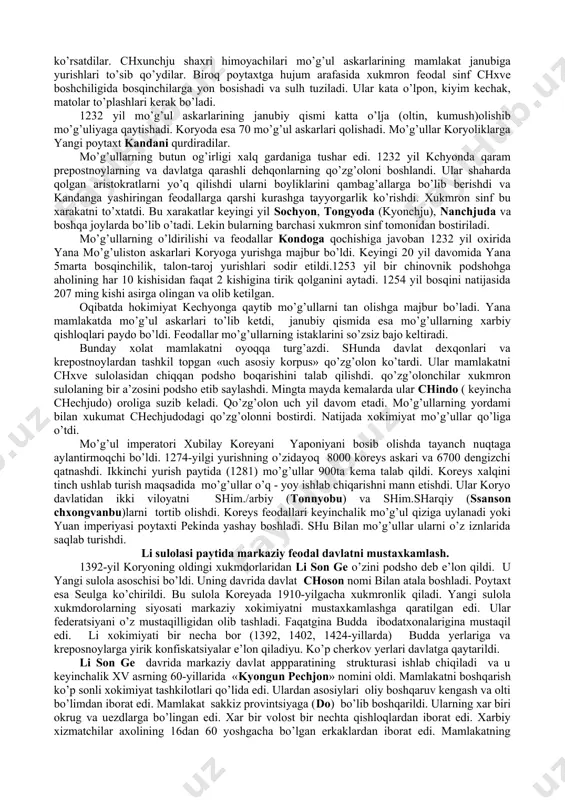 ri, balki uyda ishlab chiqargan mahsulotlar, hayvon terilari, baliqlar ham to’langan. bu barcha narsalar xukmron sinfning manfaatlarini qondirmas edi. kerakli qazishmalarni topish tuz topish, metalni qayta ishlash, qurol shisha ishlab chiqarish, har-xil taqinchoqlar bularning barini maxsus hunarmandlar ishlab chiqarishgan. poytaxt va yirik shaxarlarda davlat hunarmandchilik ustaxonalari mavjud edi. ustaxonalarda davatga qarashli kreposnoylar ishlagan. hunarmandlarning ishi avlodlariga meros bo’lib o’tgan. ichki savdo ham yaxshi rivojlangan. poytaxt va yirik provintsiya shaharlarida butun bir savdogar mahallalar bor edi. ko’p joylarda bozorlar tashkil etilganedi. bu bozorlarda dehqonchilik mehnatlari hunarmandlar mahsulotlariga almashgan. savdo va hunarmandchilik feodal davlatning qattiq ta’qibi ostida bo’lgan. tashqi savdo hunarmandchilik sinf uchun yaxshi daromad manbai hisoblangan.koryo xitoy chjurchjenlari va yaponiya bilan ancha kuchli savdo olib borgan. 1024 va1040 yillarda koryoga arab savdogarlari kirib kelgan. ular dorivorlar va boshqa narsalar olib kelishgan va oltin, kumush, ipakka almashishgan. koryo sunn davlati bilan e’tiborga molik savdo olib borgan. u yerdan turli hil matolar qimmatbaho …