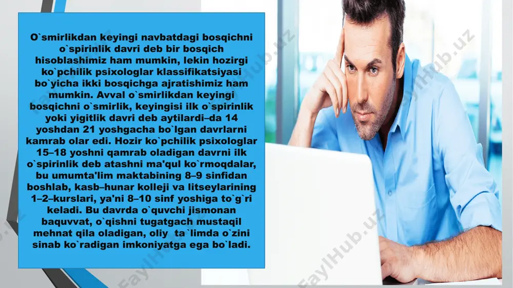 yati ta’siri ostida, jamoa ijtimoiy hayotida faol ishtirok etishi ta’siri ostida rivojlanadi, ahloqiy e’tiqodning mazmuni va mohiyatini ancha chuqur tushuna boshlaydilar o’spirinlar ko’pgina ahloqiy tushunchalarning ijtimoiy jihatdan ko’p ma’noli ekanligi bilan bog’liq eng nozik tomonlarini ham sezishga qodirdirlar. burch, vijdon, shaxsiy g’ururlik va o’zining qadar –qimmatini bilish tuyg’ulari haqidagi eng murakkab tushunchalar o’spirinlarni chuqur va har tomonlama tushunib olish uchun etarlidir, ular o’spirinlardan shu jihatdan ham farq qiladilar. dunyoqarash –shaxsning shaxsligini (individ emas), uning ma’naviyatini, ijtimoiylashuvi darajasini ko’rsatuvchi kuchli motivlardandir. shuning uchun ham uning shakllanish va o’zgarish masalasi muhim masalalardan bo’lib, hamma vaqt va davrlarda ham o’ta dolzarb bo’lib kelgan. o’zbekiston o’z mustaqilligiga erishgach jamiyatda tub islohatlar boshlandi. ana shu islohatlarning asosiy yo’nalishlaridan biri –ma’naviy-ma’rifiy islohatlar bo’lib, uning asosiy maqsadi jamiyat a’zolari dunyoqarashini istiqlol ruhida shakllantirishni maqsad qilib qo’ydi. davlatimizning yoshlar borasidagi siyosatining asosini ham ularda yangicha xurfikrlilik bilan yangicha dunyoqarashni shakllantirish tashkil etadi. o'spirin o'quvchilarda tabiat, san'at, adabiyot, madaniyat, …