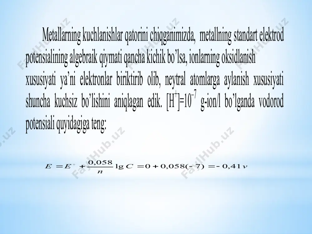 pt+2, au+3 va boshqalarda. faqat metall ionlarigina qaytariladi. 0 meneme n   faqat kislotalarning eritmalari elektrolizida qaytariladi. 0 2 heh   anoddagi jarayonlar. bu jarayonda anod materialiga va anod tabiatiga bog’liq. anod ikki xil: eriydiga va erimaydigan bo’ladi. anod erimaydiga (inert) bo’lsa, ko’mir, grafit, platina yoki oltingugurtdan yasaladi. bunda quyidagi jarayonlar sodir bo’ladi. - birinchi navbatda kislorodsiz kislota anioni oksidlanadi. 2 2 22 22 brebr jej     - agar kislorosli kislotaning anionlari (so 4 -2 , no 3 - , co 3 -2 , po 4 -3 …) va f- suvli eritmalarining elektrolizida oksidlanmaydilar ularning o’rniga suv malekulalari oksidlanadi.   hoeoh 442 22 - ishqor eritmalarining elektrolizida ano dda oh - ionlari oksidlanadi. ohoeoh 22 244   - agar eritmada har xil anionlar ishtirok etsa, ular e 0 ortib borishlari tartibida oksidlanadilar. dastlab kislorodsiz kislotalarning anionlari oksidlanadilar j - , br - , …