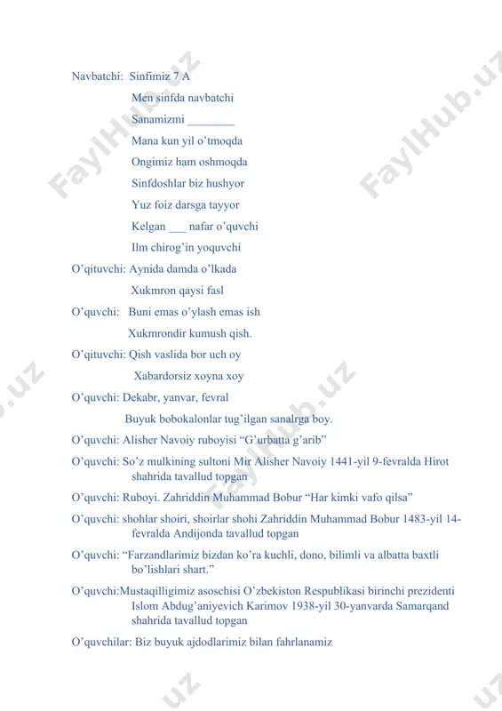 a nasliga g’amxo’rlik qiluvchi baliq hisoblanadi. 5.afrika tilyapilya balig’ining erkaklari tuxumlarini qornidagi maxsus haltachada olib yuradi. yangi mavzu noni xosil qilishda qiziqarli davol javoblardan foydalaniladi b-18-noyabrda qabul qilingan davlat ramzi (bayroq) a-domiy yashil o’simlik (archa) l-afandi nima aytadi (latifa) i-besh bahoning qarama-qarshisi (ikki) q-askarlar harbiy hizmatda nima qabul qilishadi (qasamyod) l-tog’da o’suvchi gul (lola) a-kichkina dexcha ichi to’la mixcha (anor) r-qizil,sariq, oq bu nima (rang) n-aziz nemat (non) i-sexrli so’z (ilimos) n-boshiga olma tushib ketgan olim (nyuton) g-yer modeli (globus) x-quruqqa antonim so’z (xo’l) i-siz o’rganadigan chet tili (ingiliz) l-ingiliz tilida yoqtirmoq so’zi (like) m-shohning qizi (malika) a-geometrik shakl (aylana) x-o’zbek qiziqchi ayoli (xalima) i-rad qilmoq so’zini sinonimi (inkor) l-yomg’ir yoqqach tuproq (loy) l-vulqon otilganda nima oqadi (lava) i-avval _____, keyin siyosat (iqtisod) g-uy jixozi (gilam) i-katta kelsa oshga, kichik kelsa_______(ishga) s- sevgan televizon kanallarimiz (sevimli) u-kattaning sinonimi (ulkan) y-etxo’r hayvon (yirtqich) a-samalyotlar qayerga qo’nadi (ayraportga) k-toshbaqada nima bo’ladi?( kosa) …