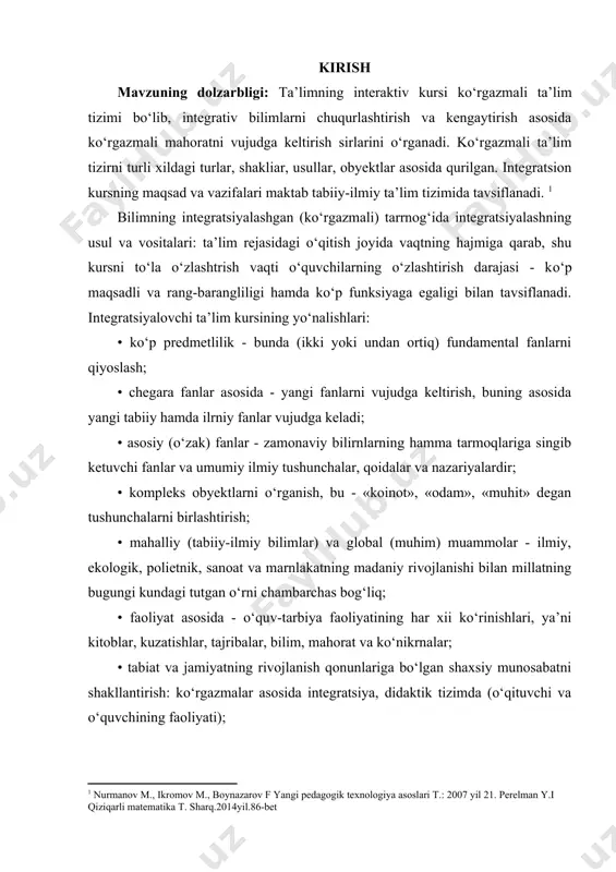 sinf matematika darslarida integrativ darslarni tashkil etish metodikasi bilan tanishtirish jarayoni. kurs ishining predmeti: boshlang‘ich sinf matematika darslarida integrativ darslarni tashkil etish metodikasi bilan tanishtirishning mazmuni, usullari va bu jarayonga ta’sir etuvchi omillar. kurs ishining vazifalari: – boshlang‘ich sinf o‘quvchilarida integrativ yondashuv asosida darslarni tashkil etishning ahvolini o‘rganish. – boshlangʻich sinf matematika darslarida integrativ metodlardan foydalanish. – boshlangʻich sinf darslarini integratsiyalashgan holda tashkil etish. – boshlang‘ich sinflarda matematika darslari samaradorligini oshirishda interfaol metodlardan foydalanish. kurs ishining tuzilishi: kirish, asosiy qism, xulosa, foydalangan adabiyotlar ro‘yxati. i bob. boshlangʻich sinf matematika darslarida integrativ usullardan foydalanish metodikasining nazariy asoslari 1.1. boshlang‘ich sinf o‘quvchilarida integrativ yondashuv asosida darslarni tashkil etishning ahvoli mamlakatimizda amalga oshirilayotgan islohotlar, jumladan, prezidentimiz sh.m.mirziyoyevning “2022-2026-yillarga mo‘ljallangan yangi o‘zbekistonning taraqqiyot strategiyasi to‘g‘risida”gi pf-60-sonli farmonlarida “hayotga kirib kelayotgan yosh avlodni barkamol insonlar qilib tarbiyalash, ularning ta’lim–tarbiyasini barpo etayotgan yangi o‘zbekiston talablariga mos holda sifat jihatdan yuqori pag‘onaga ko‘tarish”, ayniqsa yosh avlodimizning integrativ …