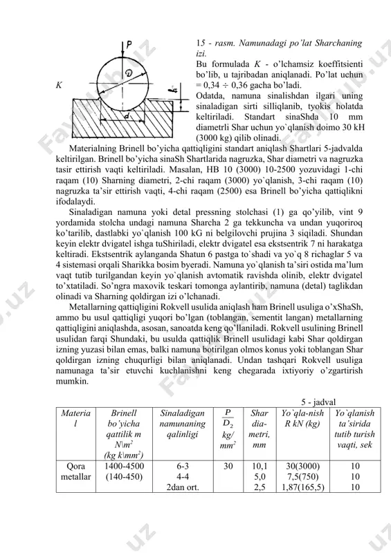 ligi bilan birga uning afzalligi ham bor. ular pressning soddaligi va bu usulda aniqlangan qattiqlik (hb) miqdori bilan cho’zilishdagi mustahkamlik chegarasi (v) miqdorining yaqinligidir ya’ni: v k hb 15 - rasm. namunadagi po’lat sharchaning izi. bu formulada k - o’lchamsiz koeffitsienti bo’lib, u tajribadan aniqlanadi. po’lat uchun k = 0,34 0,36 gacha bo’ladi. odatda, namuna sinalishdan ilgari uning sinaladigan sirti silliqlanib, tyokis holatda keltiriladi. standart sinashda 10 mm diametrli shar uchun yo`qlanish doimo 30 kh (3000 kg) qilib olinadi. materialning brinell bo’yicha qattiqligini standart aniqlash shartlari 5-jadvalda keltirilgan. brinell bo’yicha sinash shartlarida nagruzka, shar diametri va nagruzka tasir ettirish vaqti keltiriladi. masalan, hb 10 (3000) 10-2500 yozuvidagi 1-chi raqam (10) sharning diametri, 2-chi raqam (3000) yo`qlanish, 3-chi raqam (10) nagruzka ta’sir ettirish vaqti, 4-chi raqam (2500) esa brinell bo’yicha qattiqlikni ifodalaydi. sinaladigan namuna yoki detal pressning stolchasi (1) ga qo’yilib, vint 9 yordamida stolcha undagi namuna sharcha 2 ga tekkuncha …
