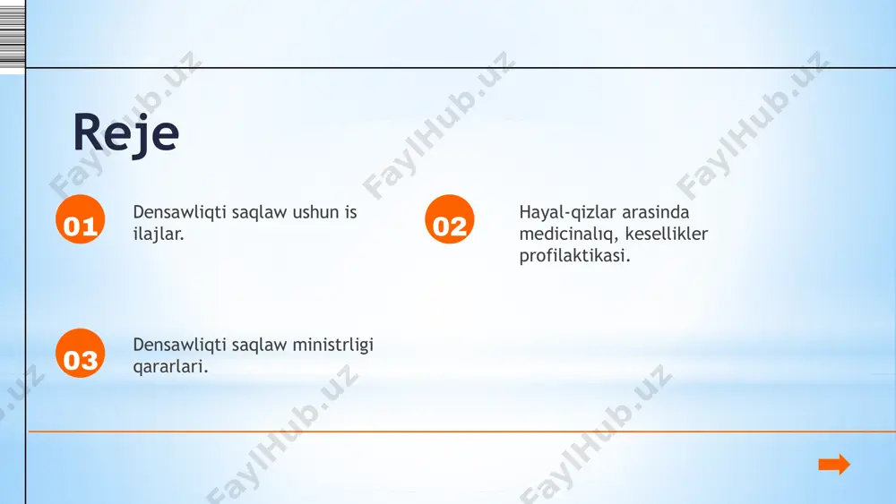 (keyingi orınlarda - oray); aymaqlıq perinatal, xalıqtıń reproduktivlik salamatlıǵı hám "ana hám bala skrining" orayları negizinde oraydıń 14 aymaqlıq filialların shólkemlestiriw haqqındaǵı usınıslarına kelisim berilsin. 2.analar salamatlıǵın qorǵawdıń tómendegilerdi názerde tutıwshı jetilistirilgen medicinalıq profilaktika hám patronaj sisteması engizilsin: a)baslanǵısh medicinalıq-sanitariyalıq járdem mákemelerinde "medicinalıq brigadalar": photo by matthew tenbruggencate on unsplash hayal-qizlar arasinda medicinalıq, kesellikler profilaktikasi. ózlerine biriktirilgen aymaqlarda hámiledar hayallardı anıqlaydı, olardıń esapqa alınıwı hám dáwirlik medicinalıq tekseriwden ótiwin shólkemlestiredi; rayon (qala) lıq kóp tarmaqlı oraylıq poliklinikalarınıń "hayal-qızlar másláhátxanası" bólimi menen birgelikte hámiledar hayal-qızlardıń jaǵdayın turaqlı monitoring etip baradı hám qáwip faktorları anıqlanǵan jaǵdayda oraydıń aymaqlıq filiallarına jiberedi; tuwıwdan keyingi dáwirde ana hám balanıń dáwirlik patronajın alıp baradı hám de qáletilmegen hámiledarlıqtıń aldın alıw ilajların kóredi; reproduktiv jastaǵı xalıq hám hámiledar hayal-qızlar arasında medicinalıq mádeniyat, kesellikler profilaktikası hám salamat shańaraqtı rejelestiriw boyınsha úgit-násiyatlaw jumısların alıp baradı; b) oraydıń qaraqalpaqstan respublikası, wálayatlar hám tashkent qalasındaǵı aymaqlıq filialları: qáwip faktorları anıqlanǵan hayal-qızlardı …