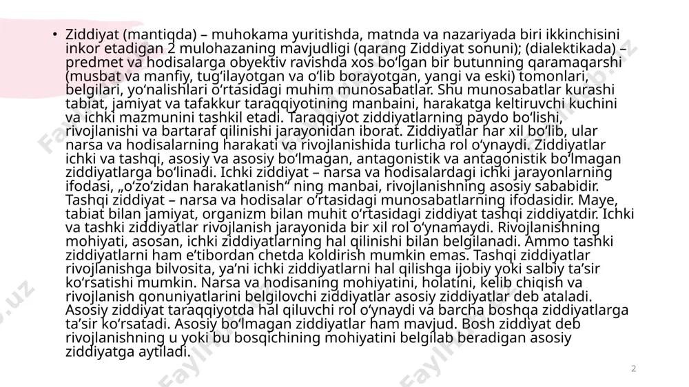 mavjud. ulardan eng muhimlarini ko‘rib o‘tamiz. ziddiyat a’zolari orasidagi qarama-qarshilikning xususiyatidan kelib chiqqan holda ziddiyatning: a) noto‘liq (privativ) ziddiyat; b) teng qiymatli (ekvipolent) ziddiyat; e)muntazam (proporsional) ziddiyat d) darajali (gradual) ziddiyat kabi turlari farqlanadi. 3 noto‘liq ziddiyat noto‘liq (privativ) ziddiyatda qarshilanuvchi a’zolardan birida ziddiyat belgisi to‘liq va aniq, boshqasida esa noaniq namoyon bo‘ladi. masalan, [bola] va [o‘g‘il] leksemalarini olaylik. ular “erkak jinsli” deb atalgan ziddiyat belgisiga ikki xil munosabat bildiradi. bu belgi [o‘g‘il] leksemasi ma’no tarkibida aniq berilgan, shu boisdan uning ushbu belgiga munosabati aniq yoki “belgilangan” deyiladi va shartli ravishda (+) belgisi bilan beriladi. [bola] leksemasida esa jins belgisi aniq emas. chunki uning ma’no tarkibida “er” yoki “ayol” (ya’ni jins) semasi yo‘q. boshqacha aytganda, bolaso‘zi o‘g‘ilni ham, qizni ham ifodalashi mumkin. shuning uchun bu leksemaning ziddiyat ko‘rsatkichiga ishorasi “belgilanmagan” (noma’lum, noaniq, majhul) deyiladi va shartli ravishda (+/–) yoki (0) (nol) belgisi bilan qayd etiladi 4 noto‘liq ziddiyat tilning barcha …