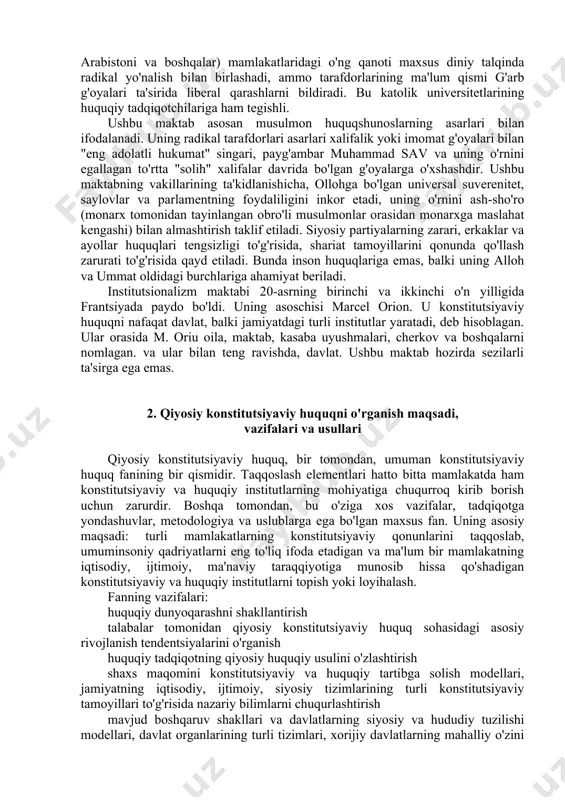ilar. eski tartibni zo'ravonlik bilan ag'darish, yangi tartib o'rnatish. ko'pincha ular turli talqinlarda ma'lum bir sinf diktaturasi, antagonistik sinflarning vaqtinchalik bloki (inqilobiy demokratlar) yoki aholining boshqa qatlami haqidagi tezisni himoya qiladilar (masalan, "ilg'or kurashchilar" guruhi). hozirgi kunda konstitutsiyaviy huquq fani va qiyosiy tadqiqotlarda oltita ilmiy maktab mavjud: yuridik, siyosatshunoslik, ijtimoiy-huquqiy, marksistik va dinshunoslik. institutsionalizm siyosatshunoslik maktabini sotsiologiya elementlari bilan tutashtirish oraliq pozitsiyani egallaydi. huquqshunoslik maktabi (u. bedjgot, buyuk britaniyada a. dicey, frantsiyada jp esmen, germaniyada v. laband va g. jellinek, aqshda u. uillobi, rus advokati f. f.kokoshkin, keyinchalik - avstriyalik muallif g. kelsen) 20-asrning 20-yillariga qadar dastlab aniqlovchi, so'ngra sezilarli ta'sir ko'rsatdi. uning tarafdorlari (shu jumladan qiyosiy tadqiqotlarda) asosan davlat va uning organlari to'g'risidagi normativ hujjatlarni, inson huquqlarini o'rganishga e'tibor berishdi (ular ushbu maktab ta'sirining so'nggi davrlarida inson huquqlari bilan shug'ullanishgan). shu jumladan qiyosiy konstitutsiyaviy va huquqiy tadqiqotlarga.yigirmanchi asrning o'rtalarida siyosatshunoslik maktabida g'alaba qozondi va hozirda bu yondashuv, ayniqsa, frantsuz …