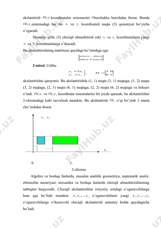 nishda yozib olamiz. bu formulani esa umumiy holda ko’rinishda yozish mumkin. (6) ni ko’rsatmiz. agar , va deb olsak, u holda har qanday uchun agar desak, oxirgi tengliklardan kelib chiqadi. demak, . endi (7) tenglikning bajarilishini ko’rsatamiz: (6) tenglik akslantirishning additivlik xossasi, (7) esa bir jinslilik xossasi deyiladi. eslatma. tekislikni tekislikka yoki fazoni fazoga akslantirishlar chiziqli bo’lmasligi ham mumkin. masalan, tekislikni tekislikka akslantirish, ya’ni va koordinatali nuqtaning koordinatalarini koordinatalari va bo’lgan nuqta orqali ifodalovchi formulalar quyidagicha beriladi. bu yerdagi va funksiyalar ixtiyoriy bo’lmasdan ular barcha juftlar uchun aniqlangan va har qanday juftlik uchun yagona juftlik mos kelishi kerak: . teskari almashtirish. bizga ma’lum bo’lgan (1) akslantirish formulalaridan ko’rinadiki, tekislikni tekislikka akslantirish bir qiymatlidir, chunki, tekislikning har bir nuqtasiga tekislikning yagona nuqtasi mos keladi. biz bu yerda tekislikni tekislikka akslantiruvchi (1) ga teskari akslantirish formulalarini keltirib chiqaramiz. faraz qilaylik yoki bo’lsin. bu holda (1) sistema yagona yechimga ega bo’ladi. kramer formulalariga …