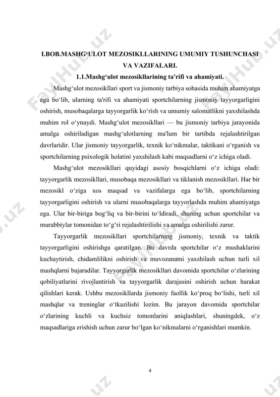 tegiyalarni o‘rganish va o‘z raqiblariga nisbatan ustunlikka erishish imkoniyatiga ega bo‘ladilar. tiklanish mezosikllari sportchilarning mushaklarini tiklash va energiya zaxiralarini tiklashga qaratilgan. ushbu davrda sportchilar jismoniy mashqlardan dam olishlari va tiklanishlari kerak. tiklanish mezosikllari sportchilarning umumiy salomatligini yaxshilash va jarohat olish xavfini kamaytirishga yordam beradi. murabbiylar va sportchilar ushbu davrni to‘g‘ri boshqarishlari, mashg‘ulotlar va dam olish o‘rtasida muvozanatni saqlashlari lozim. tiklanish mezosikllari davomida sportchilar o‘zlarining jismoniy holatini yaxshilash va kuchaytirish uchun turli xil tiklanish usullarini qo‘llashlari kerak, masalan, massaj, yoga, suzish va boshqa dam olish faoliyatlari. mashg‘ulot mezosikllarining ta'rifi va ahamiyati sportchilarning jismoniy tayyorgarligini oshirishda muhim rol o‘ynaydi. ular o‘zaro bog‘liq bo‘lishi va bir-birini to‘ldirishi kerak. tayyorgarlik mezosikllari sportchilarning mushaklarini kuchaytirishga yordam beradi, musobaqa mezosikllari raqobatbardoshligini oshiradi, tiklanish mezosikllari esa salomatlikni saqlab qoladi. ushbu mezosikllar o‘rtasida muvozanatni saqlash sportchilarning muvaffaqiyatiga erishish uchun muhimdir.mashg‘ulot mezosikllari sportchilarni tayyorlash jarayonida rejalashtirilishi zarur. murabbiylar va sportchilar o‘z maqsadlariga erishish uchun har bir mezosiklni to‘g‘ri tashkil …