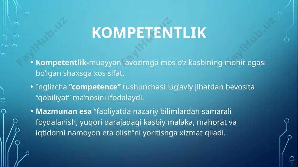 i bilishi lozim. u o’zini shunday tutishi kerakki, uning har bir harakati tarbiyalasin" deb yozgan edi. pedagogik texnika xususiyatlari. avvalo pedagogik texnikaning hamma uchun umumiy bo’lgan malakalarni tadbiq etish sohasini pedagogning bolalar bilan bevosita muomalasini qayd qilib o’tamiz. xuddi ana shu narsa pedagogik texnika malakalrining namoyon bo’lishini ma’lum darajada vaziyat taqozosi bilan, ichki sabab natijasida vujudga keladigan - aytish mumkinki, to’satdan bo’lgan narsaga aylantiradi. rivojlangan pedagogik texnika o’qituvchiga o’quvchilar bilan muomala qilinganda zarur so’z, gap ohangi, qarash, imo ishorani tez va aniq topish, eng o’tkir va kutilmagan pedagogik vaziyatlarda osoyishtalikni va aniq fikr yuritish, tahlil qilish qobiliyatini yuklab qolish imkoniyatini beradi. pedagogik texnika malakalarining boshqa muhim xususiyati shundan iboratki, ularning hammasi aniq ifodalangan individual - shaxsiy tusda bo’ladi, ya’ni pedagogning individual, psixik fiziologik xususiyatlari asosida tarkib topadi. individual pedagogik texnika pedagogning yoshi, jinsi, mijozi, fe’l - atvori, sihat - salomatligi, anotomik - fiziologik xususiyatlariga ancha bog’liq bo’ladi. shaxsiy kompetentlik – …