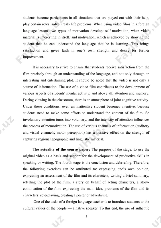 secondary schools is the saturation of their country-specific information. such texts as letters, advertisements, signs, questionnaires, and menus occupy a significant place among the texts. all facts and phenomena, all information about different areas of reality of english-speaking countries were selected taking into account the age of the students and their interests. mastering this material will allow schoolchildren to better navigate the country of the language being studied in the event of a real visit. along with this, it is important to give students a clear idea of the life, traditions, linguistic realities of english-speaking countries. this goal can serve as educational videos whose use contributes to the implementation of the most important requirements of the communicative technique: to present the process of language acquisition as the comprehension of a living foreign language reality. the object and subject matter of the course paper: the objectives of the course work are …