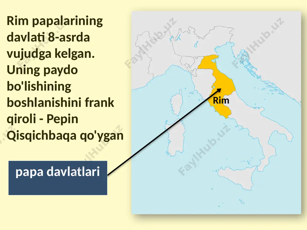 hokimiyatini mustahkamlash rohiblar frantsisk ordeni fransiskanlarning gerbi ordenning asoschisi rohib frensis assisi hisoblanadi. u cherkov tomonidan avliyo deb e'lon qilingan. italiya bo'ylab kezib, odamlarni gunohlaridan tavba qilishga, sadaqa bilan yashashga taklif qildi dominikan ordeni - rabbiyning itlari buyurtma asoschisi rohib dominik guzmandir. u asosiy maqsad - bid'atchilarga qarshi kurashni ko'rib chiqdi. ular inkvizitsiya sudyalarining ko'p qismini tashkil qilgan. ularning bayrog'ida og'zida mash'al bilan it bor edi - bu bid'atchilarni qidirish ramzi sifatida. image1.png image2.png image3.png image4.png image5.png image6.jpeg image7.jpeg image8.jpeg image9.png image10.png image11.png image12.jpeg image13.jpeg image14.jpeg image15.jpeg image16.jpeg /docprops/thumbnail.jpeg