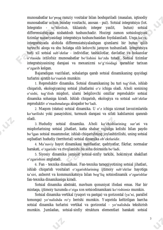 shib borishi, oddiydan murakkabga o‘tish, umumiy aloqadorlik takomillashuvi), ijtimoiy tartibot mukammalashuvidan iboratdir. e.dyurkgeym sotsiologik tizimida ham jamiyatdagi differensiatsiya va integratsiya jarayonlariga e’tibor bergan. u differensiatsiyani aholi zichligining oshishi va shaxslararo va guruhlar aro muloqatlar sur’atiga bog‘lab tushuntirgan. odatda differensiatsiya tushunchasi «tafovut» so‘zining sinonimi sifatida ishlatiladi. bu holda u rollar, statuslar (maqomlar), institut va tashkilotlarni turli mezonlar yordamida klassifikatsiya qilishga yordam beradi. strukturaviy funksionalizm va sistemali yondashuv tarafdorlari (parsons, etsoni va b.). sotsial differen- siatsiya bilan sotsial sistemaning o‘z-o‘zini saqlashini shart deb qaraydilar. bunda sotsial differensiatsiyaning yaxlit jamiyat, uning ostki tizimlari, guruhlari darajasida ko‘rinishlari qat’iy farqlanadi. ularnig fikricha, quyidagi hayotiy muhim vazifalar - muhitiga moslashish, maqsadlarini qo‘ya bilish, ichki ixtiloflarni bartaraf etish (integratsiya) va hokazolar bajarilgandagina muayyan tizim mavjud bo‘la olishi mumkin. bu vazifalar esa faqat ozmi- ko‘pmi maxsuslashgan institutlar tomonidangina bajarilishi mumkin. demak, bunga muvofiq sotsial tizimlar ozmi-ko‘pmi differensiatsiyalashgan (tabaqalashgan) bo‘ladi. sotsial differensiatsiya o‘sishi bilan faoliyatlar ham maxsuslashib boradi, shaxsiy …