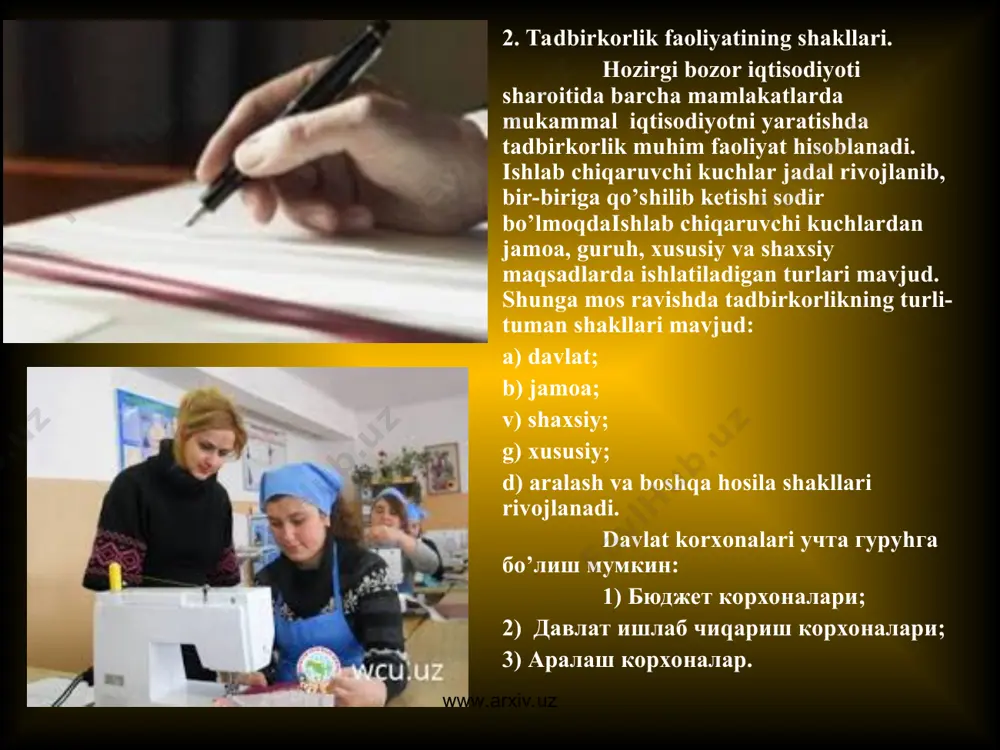 ning qiymatini tayyor mahsulotga va xizmatga bo’lib-bo’lib o’tkazib borishi va o’zining ashyoviy-buyum shaklini o’zgartirmasligi asosiy kapital deyiladi. bir doiraviy aylanish davomida to’liq iste‘mol qilinib, o’zining qiymatini mahsulot va xizmatlarga to’liq o’tkazishi va ashyoviy-buyum shaklini o’zgartirishi yoki yo’qotishi aylanma kapital deyiladi. asosiy va aylanma kapitallar bir-birlaridan farq qiladi: 1. ishlab chiqarishda (jarayoni) harakat qilishi bo’yicha farqi bo’ladi. asosiy kapital aylanma harakatda o’zining buyum ko’rinishini uzoq davrlar saqlab qoladi. masalan, stanok 10 yil, bino 5-100 yil davomida faoliyatda ishtirok etadi. aylanma kapital (masalan, paxta, jun, metall) har bir doiraviy aylanishda to’liq unumli iste‘mol qilinadi va qiymatini mahsulotga yoki xizmatga to’liq o’tkazadi. 2. qiymatini ishlab chiqarilgan mahsulot va xizmatlarga o’tkazishi bo’yicha ham farqi bo’ladi. asosiy kpital ishlab chiqarishda uzoq davrlarda qatnashib, qmyatini qisman-qisman mahsulot va xizmatlarga ko’chirib boradi. xom ashyo va materiallar, yoqilg’i va energiya kabi aylanma kapital unsurlari har bir doiraviy aylanishda to’lig’icha unumli iste‘mol qilinadi va ularning qiymati mahsulot va xizmatlar …