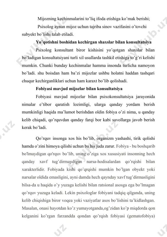 nini ko’rgan farzandda qondan qo’rqish fobiyasi (gematofobiya) paydo bo’lgan bo’lishi mumkin. bugungi kunga kelib, fobiyalarning 350dan ortiq turi mavjud bo’lib, ularni umumiy ravishda 3 katta guruhga ajratish mumkin:maxsus fobiyalar. ular aniq bir predmet yoki hodisa bilan chegaralangan bo'ladi. hayvonlar va hasharotlarning ma'lum bir turidan, balandlikdan, qorong'ulikdan, momaqaldiroqdan, samalyotda parvoz qilishdan, qondan qo'rqish kabi fobiyalar kiradi.sotsiofobiya. bunda odam kishilar bilan muloqotni talab qiluvchi vaziyatlardan qo'rqadi. ya’ni shaxs fobiyasi jamiyat bilan bog’liq bo’ladi. omma oldida nutq so'zlash, telefonda notanish odam bilan suhbatlashish, bazmlarda qatnashish, xorijiy tildagi so’zlarni xato talaffuz qilishdan qo’rqish kabilar vahima uyg'otishi mumkin. sotsial fobiyaning asosida kamsitilishdan qo'rqish va uyatli vaziyat sodir bo'lishidan qochish qo’rqish yotadi. sotsiofobiya shaxslararo munosabatlar o'rnatish, ishlash va o'qish jarayonida kuchli to'siq bo'lishi mumkin. shuning uchun ham sotsiofobiyasi mavjud odam psixologga murojaat etib, o’zidagi qo’rquvni yengib o’tishi foydadan holi bo’lmaydi. agarofobiya. bunda odamlar uyidan chiqishdan qo’rqadilar. ya’ni o’z uyidan boshqa hamma joyda o’zini xavfsiz his qila …