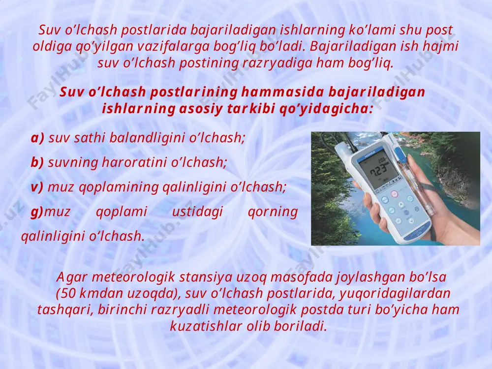 a ta’minlanish grafigini chizish; 4) moslashgan suv sathlarini aniqlash; 5) moslashgan suv sathlari orasidagi bog’lanish grafigini chizish. yuqorida qayd etilgan ishlarni bajarishda suv o’lchash postlarida amalga oshirilgan kuzatishlar natijalari asosida tuzilgan kundalik suv sathlarining yillik jadvalining ko’p yillik ma’lumotlaridan foydalaniladi. bunda asosiy e’tibor xarakterli suv sathlarini aniqlashga qaratiladi. suv sathining takrorlanish va ta’minlanish grafigi. suv sathining takrorlanish va ta’minlanish grafigi amaliy maqsadlarni ko’zlab chiziladi. undan o’rganilayotgan daryo suvidan xalq xo’jaligining ko’pgina ehtiyojlarini qondirishda foydalaniladi. masalan, kanallarga chiqariladigan suvning me’yorini va vaqtini belgilashda, kema qatnovini va yog’och oqizish ishlarini tashkil etishda va hokazo. moslashgan suv sathlari. agar bir daryoda bir nechta suv o‘lchash posti bo’lsa, ularda qayd etilgan suv sathlarining tebranishi bir-biriga o’xshash va moslashgan bo’ladi. bunday holatni bir xil tabiiy geografik sharoitda, o’zaro yaqin masofada joylashgan daryolardagi postlarda qayd etilgan suv sathlarining o’zgarishida ham ko’rish mumkin. mana shu o’xshashlik va moslikni o’rganish maqsadida tegishli postlardagi kuzatishlar natijalari asosida suv sathlarining …