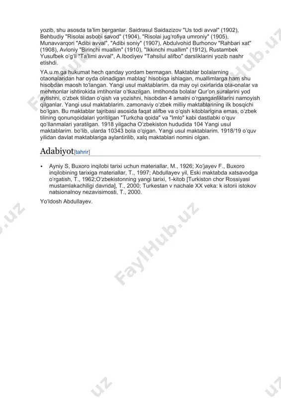 una maktablari deb atalib, ularning 1bosqichi tahziriy (boshlangʻich) sinflar, 2bosqichi rushdiy (yuqori) sinflar deyilgan. xususan, m.abdurashidxonovning namuna maktabi, a. shukuriyning samarqanddagi va a. ibodiyevttt qoʻqondagi maktabida rushdiy (yuqori) sinflar (5— 6sinf) ham ish boshlagan. ya.u.m. uchun maxsus binolar qurilmatan. ular xususiy boʻlib, koʻp hollarda maktab uchun muallimning oʻz uyidan yoki biron boʻsh turar joy binolaridan hamda baʼzi shaxslarning tashqi hovlilaridan foydalanilgan. chor hukumati amaldorlari bunday maktablar milliy madaniyatning oʻsishiga yordam berishidan choʻchib, podsho hokimiyati uchun xatarli deb hisobladilar. shuning uchun ularning faoliyatini boʻgʻib qoʻyadigan turli tadbirlar qoʻrildi. xususan, 1911 yilda mahalliy millat maktablarida (rustuzem maktablaridt tashqari) oʻquvchilar qaysi millatdan boʻlsa, muallimlar ham shu millatdan boʻlishlari lozim degan qaror qabul qilindi. shu qaror asosida tatar muallimlari ishdan boʻshatilib, bir necha oʻnlab yangi usul maktablarim. yopib qoʻyildi. yangi usul maktablarim.ning biron joyda rasmiy tasdiqlangan yagona oʻquv rejasi, dasturi boʻlmagan. darslar muayyan maktab rahbari va muallimlari tomonidan tuzilgan oʻquv rejasi va darsliklar asositsa …