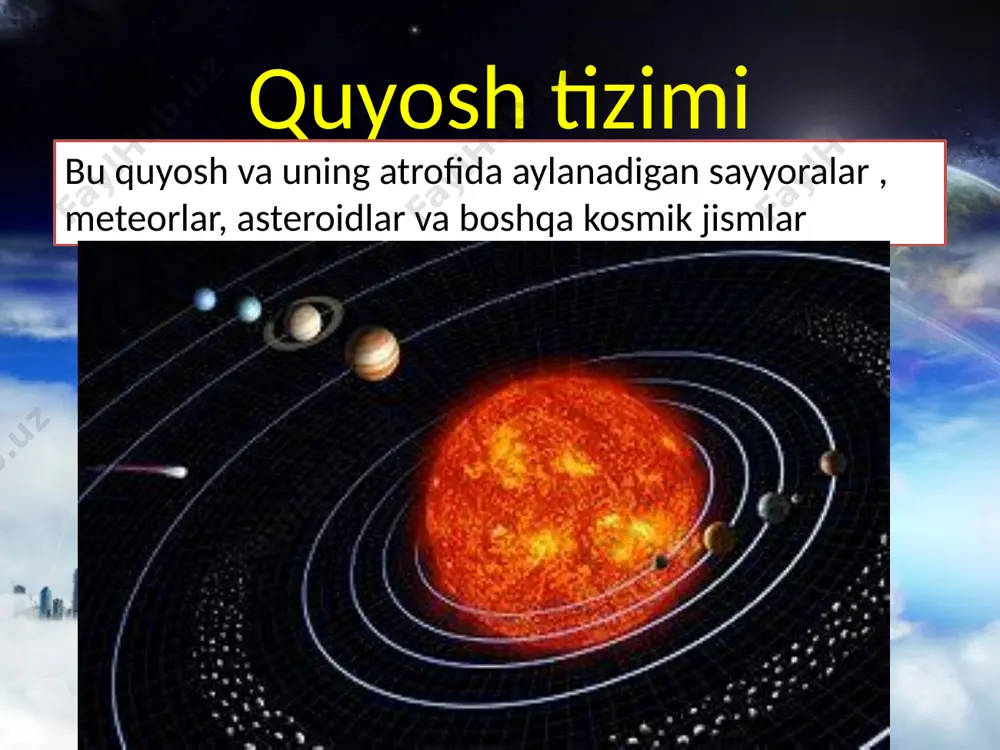 i fobos deimos yer ayni paytda quyosh tizimidagi va umuman koinotdagi yagona jism tirik mavjudotlar yashaydigan insonga ma'lum. qattiq yuzaga ega. sayyora yuzasining taxminan 70,8 foizini jahon okeani egallaydi. yer quyosh atrofida aylanadi va taxminan 365,26 kun ichida uning atrofida to'liq aylanishni amalga oshiradi. endi bir kun taxminan 24 soatdan iborat. yupiter quyosh tizimidagi eng katta sayyora, yer diametridan 11 marta katta. yupiter quyoshdan juda katta masofada joylashganligi sababli, uning atmosferasining harorati noldan 140 ° pastda. yupiter atmosferasi 11% geliy va 89% vodoroddan iborat boʻlib, kimyoviy tarkibi boʻyicha quyoshga koʻproq oʻxshashdir. yupiterda 63 ta sun'iy yo'ldosh mavjud hukmronlik qilayotgan gaz giganti yupiterda har kuni bulutli. yupiterning yo'ldoshi (io) bulutlarga qarshi yupiterning yo'ldoshi (io) bulutlarga qarshi saturn atmosfera geliy va suv izlari, metan, ammiak va og'ir elementlardan iborat vodoroddan iborat. ichki hudud temir, nikel va muzdan iborat kichik yadro bo'lib, yupqa metall vodorod qatlami va gazsimon tashqi qatlam bilan qoplangan. quyosh …