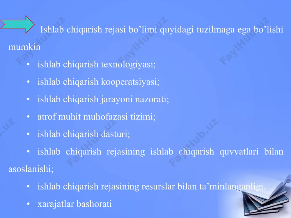 shlab chiqarish davri (tsikli) muddati, kun; tnr - rejadagi mahsulot tannarxi, so’m/birl.; kmah - mahsulot bo’yicha xarajatlar o’sishining o’rtacha koeffitsienti (0,5 - 0,75 atrofida). yalpi mahsulot quyidagicha aniqlanishi mumkin: qya = qtm  qtug bu erda: qtug - yil boshida va yil oxirida tugallanmagan ishlab chiqarish qoldiqlarining o’zgarishi. ishlab chiqarish xajmini mahsulot turlariga ko’ra davrlar bo’yicha bashorat qilish quyidagicha amalga oshiriladi: birinchi yil-choraklar bo’yicha (zarur hollarda oylar bo’yicha), ikkinchi yil-yarim yillik yoki choraklar bo’yicha, keyingi davrlar-butun yil bo’yicha (7.1 -jadval). mahsulot turi o’lchov birligi davrlar bo’yicha ishlab chiqarish xajmi 1- yil 2-yil 3-yil i chorak ii chorak iii chorak iv chorak i yarim yil ii yarim yil 7.1-jadval. ishlab chiqarish dasturi. 12 4. ishlab chiqarish rejasining ishlab chiqarish quvvatlari bilan asoslanishi korxonaning ishlab chiqarish quvvati bu belgilangan muddat ichida tayyorlanishi mumkin bo’lgan mahsulot birligi yoki hajmidir. qisqa vaqt uchun olingan korxona quvvatlari doimiy kattalik bo’lishi mumkin. bunda ishlab chiqarish hajmi …
