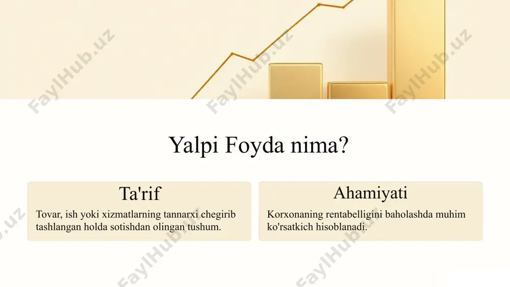 jatlari chegirib tashlangandan keyin juda kam foyda qoladigan bo‘lsa, demak, biznes resurslardan samarasiz foydalanmoqda va mahsulot ishlab chiqarish, tovarlar sotib olish yoki xizmatlar ko‘rsatishga keragidan ortiq sarflamoqda. yoki realizatsiya qilish narxi arzonlashtirilgan. shunday ekan, yaf asosiy faoliyat rentabelligining asosiy ko‘rsatkichi hisoblanadi. biznesda bir nechta yo‘nalish bo‘lsa, yalpi foydani tahlili qaysi biri samaraliroq ishlayotganini aniqlashga yordam beradi. bunday holda, har bir yo‘nalish bo‘yicha ko‘rsatkich hisoblab chiqiladi va natijalar taqqoslanadi. buning uchun rentabellik ko‘rsatkichidan foydalaniladi: (yaf / tushum) x 100%. nihoyat, ko‘rsatkichni hisoblash doimiy xarajatlarni nazorat qilishga yordam beradi. tadbirkor tannarxni chegirib tashlagandan keyin qolgan summani ko‘rganda, ijara, kredit to‘lovlari yoki reklama kabi boshqa xarajatlarni taqsimlashi mumkin. 6 yalpi foydani qanday oshirish mumkin yalpi foyda ko‘rsatkichini oshirish uchun xarajatlarni kamaytirish va daromadni oshirishga harakat qilish kerak. masalan, quyidagi strategiyalardan foydalanish: ishlab chiqarish xarajatlarini kamaytirish. masalan, sifatni yo‘qotmagan holda arzonroq xomashyo yetkazib beruvchilarni qidirish. tannarxi arzonroq bo‘lgan assortimentni kengaytirish. masalan, mebel do‘koni o‘zi …