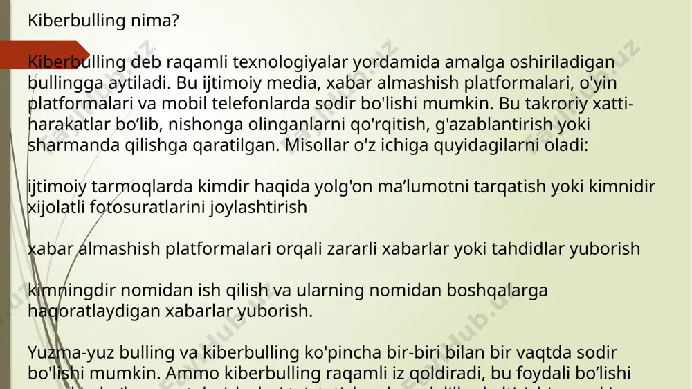 an foydalanadilar.) nima bo'lishi mumkin? afsuski, juda achinarli. so'z nisbatan yangi bo'lsa-da, lekin allaqachon bor o'z joniga qasd, jarohatlar, fojiali o'lim hollari bor va e-mail chat xonalari, ijtimoiy tarmoqlar orqali o'smir hujum uchun barcha bu tufayli. har qanday zo‘ravonlik va ta’qib qurbonning ruhiyatiga zarar yetkazadi. tadqiqotga ko‘ra, ta’qibga uchragan bolalarning sog‘lig‘i, xususan ruhiy sog‘lig‘i ham yomonlashadi. yoshlar yolg‘izlanib, ularda tushkunlik va ojizlik, vahima hissi shakllanadi. ba’zilari o‘z joniga qasd qiladi. e`tiboringiz uchun rahmat tayorladi: sarimsoqova durdona image1.jpg image2.jpg image3.jpg