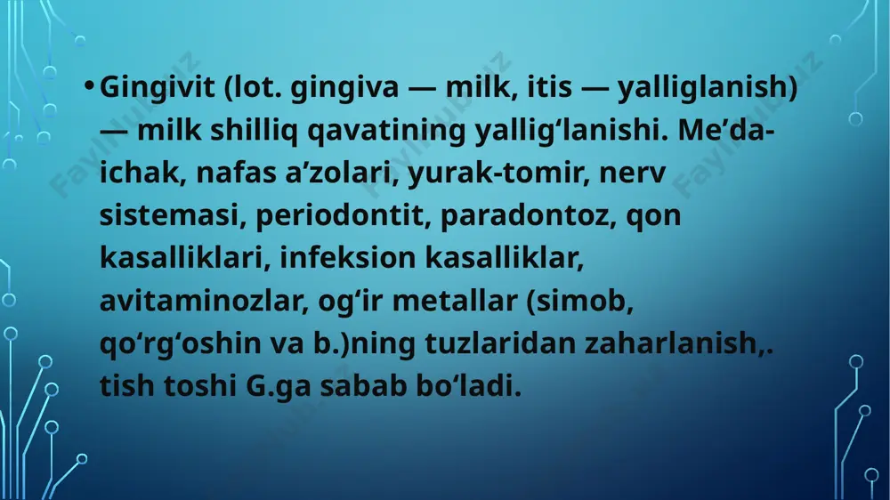 a qilish; ortodontik davolanish - okklyuzion kasalliklar va malokklyuziya bo'lsa; jarrohlik davolash - yumshoq to'qimalarning tuzilishi va biriktirilishida anomaliyalar mavjud bo'lganda; og'iz bo'shlig'ini antiseptik, gigienik yoki gipertonik eritmalar bilan yuvish; biriktiruvchi moddalar, taninlar - dorivor o'simliklarning infuziyalari va damlamalari: avliyo ioann worti, adaçayı, romashka, eman po'stlog'i; kataral gingivitni keltirib chiqaradigan boshqa omillar: rivojlangan karies; tish jarohatlari; tizimli surunkali kasalliklar; virusli infektsiyalar; yomon odatlarning mavjudligi; iste'mol qilinadigan suvning past sifati; muvozanatsiz ovqatlanish tanadagi gormonal o'zgarishlar; metabolik kasallik; sut elementlari va donolik tishlari. image2.png image3.png image4.png image5.png image6.png image7.png image8.png /docprops/thumbnail.jpeg