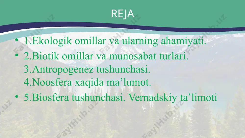 ga ishlov berish, foydali qazilmalarni qazib olish va b.) kiradi. shamol ta’siri birga yashayotgan organizmlar hayotida bitta ekologik omil turlicha ahamiyatga ega bo‘lishi mumkin. masalan, ochiq yerlarda yashaydigan yirik hayvonlar uchun kuchli shamol salbiy ta’sir ko‘rsatsa, uyalariga va qor ostiga yashirinadigan mayda hayvonlarga bu omil katta ta’sir ko‘rsatmaydi. harorat, namlik, shamol, yog‘ingarchilik ko‘pchilik ekologik omillar – harorat, namlik, shamol, yog‘ingarchilik miqdori, oziq miqdori, yirtqichlar va parazitlar soni kabilar o‘zgaruvchan omillar hisoblanadi. bu omillarning o‘zgaruvchanlik darajasi muhitning xususiyatlari bilan bog‘liq. muhit omillarining organizmlarga ta’sir etish qonuniyatlari ekologik omillar xilma-xil bo‘lishiga qaramay ularning tirik organizmlarga ta’sir etish xarakterida, ekologik omillarning ta’siriga tirik organizmlarning javob reaksiyalarida bir qator umumiy qonuniyatlarni aniqlash mumkin. biologik optimum yoki optimum zonasi muhit omilining yetishmasligi ham, me’yordan ortib ketishi ham tirik organizmlar hayot faoliyatining o‘zgarishiga olib keladi. ekologik omilning organizm hayot faoliyatiga ko‘rsatadigan ta’sirining eng qulay chegarasi biologik optimum yoki optimum zonasi deyiladi. tolerantlik (lot. «tolerantia» – sabrtoqat) …