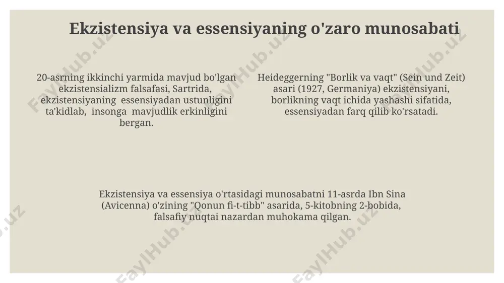 sr oxiri va 21-asr boshlarida ekzistensializmning paydo bo'lishi, mavjudot va mohiyat munosabatlariga yangicha yondashuvlarni, masalan, satre va haydeggerning fikrlarini olib keldi. aristotelning "metafizika" asarida, miloddan avvalgi 4-asrda, mavjudot va mohiyat masalasi 10 ga yaqin bobda muhokama qilinadi, bu esa ushbu falsafiy kategoriyaning qadimgi yunonistondagi ahamiyatini ko'rsatadi. o'rta osiyo falsafasi tarixida, xususan, abu ali ibn sino (980-1037)ning asarlarida, mavjudotning turli shakllari va ularning mohiyatiga oid chuqur tahlillarni uchratish mumkin. essensializm falsafasi 20-asrda ekzistensializmning yuzaga kelishi bilan essensializm tanqidga uchragan bo'lsa-da, uning ta'siri, ayniqsa, biologiyadagi 3 ta asosiy domen: taksonomiya, filogeniya va ontogeniyada sezilarli darajada saqlanib qolgan. essensializm falsafasi, 5-asrda yunon faylasufi aristotel tomonidan shakllantirilgan bo'lib, moddiy narsalarning mohiyatiga, ya'ni ularning o'ziga xos xususiyatlariga urg'u beradi. o'rta asrlarda, ayniqsa, 12-asr avroposida, essensializm falsafasi islom olamidagi mutakallimlar fikrlari bilan boyitilgan va skolastika maktabi tomonidan rivojlantirilgan. e'tiboringiz uchun rahmat @taqdimot_robot
