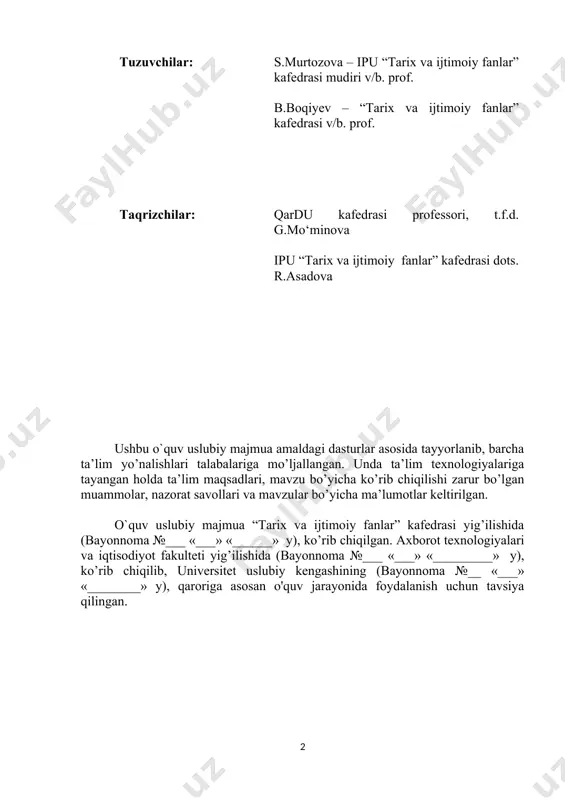angi tarix” tushunchasi va uning izohi. 2. “o‘zbekistonning eng yangi tarixi” o‘quv fanining predmeti, maqsad va vazifalari. fanni o‘rganishning nazariy-uslubiy asoslari. 3. yuksak intellektual salohiyatli, ma’naviy barkamol avlodni tarbiyalash, komil insonni voyaga yetkazishda mamlakat eng yangi tarixining tutgan o‘rni. 4. o‘zbekiston respublikasi prezidenti sh.m.mirziyoyevning ma’naviy yetuk shaxsni tarbiyalashda tarixiy xotiraning o‘rni va saboqlari to‘g‘risidagi fikr-mulohazalari. 5. xxi globallashuv asrida ta’lim sohasida mazkur fanni o‘qitishdagi nazariy-konseptual yondashuv va ilg‘or innovatsiyalar. kalit so’zlar: tarix, ijtimoiy-iqtisodiy soha, gumanitar fanlar, fanlar akademiyasi, qaror, harakatlar strategiyasi, fuqorolik jamiyati. o‘zbekistonning eng yangi tarixi haqida so‘z yuritilganda, biz uchun, avvalo, mamlakatimizning 1991-yildan keyin bosib o‘tgan tarixiy yo‘li mohiyati va mazmunini anglab yetish muhimdir. bu jarayon qanday borganligini, mamlakatimiz mustaqillik arafasida va uning dastlabki yillarida qanday muammolarga duch kelganini tushunib yetish muhim. o‘zbek jamiyatida qadimgi davrlardan beri ayrim demokratiya unsurlari: o‘zini o‘zi boshqarishning jamoa shakli, mahalla yig‘inlari, oqsoqollar kengashlari va xalq diplomatiyasi mavjud edi. biroq hozirgi kunda ushbu …