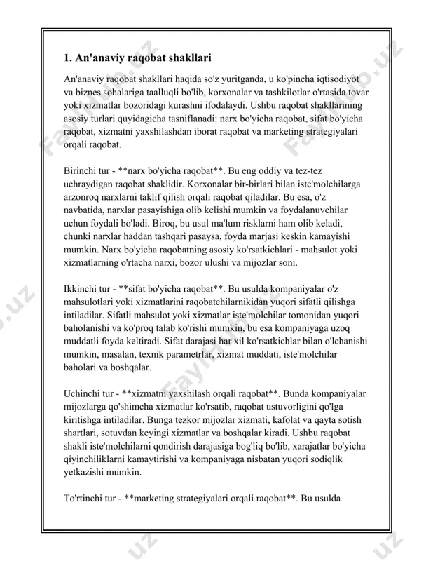 ning tanlovini katta darajada ta'sir qiladi. **monopoliya** 1. **ta'rifi:** monopoliya bu bitta firma yoki kompaniya butun bozorda yagona yetkazibchi bo'lganda sodir bo'ladi. monopol ustunligiga erishgan firma boshqa raqobatchilarga nisbatan kuchli bo'ladi. 2. **xususiyatlari:** - **bozorda bitta yetkazibchi:** monopoliyadagi asosiy xususiyat - bu bozorda yagona yetkazibchi bo'lishidir. - **yuqori narx qo'yish qobiliyati:** monopolistlar bozorda yagona bo'lganligi sababli, ular narxlarni o'z xohishiga ko'ra belgilashlari mumkin. - **bozor to'siqlari:** yangi raqobatchilar uchun bozorda kirish qiyin bo'lganligi sababli, monopoliyaga kirish to'siqlari yuqori bo'ladi. 3. **misollar:** ko'p mamlakatlarda infratuzilma tarmoqlari, masalan, elektr yoki suv ta'minoti kabi xizmatlar davlat monopoliyalari bo'lishi mumkin. 4. **statistik belgilar:** - ilmiy statistikaga ko'ra, aqshda monopol firmalar soni moliya sektorida ma'lum bir vaqt davomida 50% ga o'sgan. - monopolistikalari bo'lgan bozorlarda, iste'molchilarning tanlovi cheklangan bo'lib, mahsulotlar narxi o'rtacha 20-30% yuqoriroq bo'lishi mumkin. **oligopoliya** 1. **ta'rifi:** oligopoliya bu bozorni bir nechta yirik kompaniyalar nazorat qiladigan tuzilmadir. bu kompaniyalar bozorda katta ulushga ega …