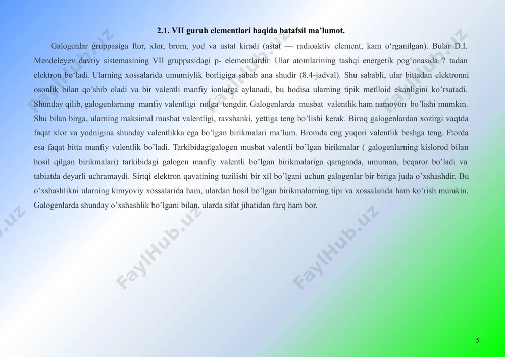 eng kattadir. ng molekulasining mustahkamligi ham xuddi shu tartibda kamayib boradi, bunga sabab yadrolararo masofaning kattalashuvidir. kam eriydigan tuzlarning eruvchanligi agcl–agbr–agi qatorda kamayib boradi; ulardan farqli ravishda agf suvda yaxshi eriydi. boshqa galogenlarga qaraganda ftor elektronlarini mahkam tutib turadi, uning bitta (–1) oksidlanish darajasi bor. ftor suv bilan xlorga qaraganda boshqacharoq reaksiyaga kirishadi: suvni parchalab, vodorod ftorid, kislorod (ii) ftorid, vodorod peroksid, kislorod va ozon hosil qiladi: f2+h2o=2hf+o; 2o=o2; 3o=o3; o+f2=of2; h2o+o=h2o2. atom radiusi kattalashib, ionlanish energiyasi kamayib borganligi sababli f–at qatorda metallmaslik xossalari kamayib boradi. metallmaslik xossalari ftorda eng kuchli ifodalangan. galogenlarning reaksiyaga kirishish xususiyati f–cl–br–i qatorda pasayib boradi. shu sababli oldingi element keyingisini ng tipidagi (g–galogen) kislotalardan va ularning tuzlaridan siqib chiqaradi. bu holda aktivlikni quyidagi tartibda yozish mumkin: f2 >cl2>br>i2 galogenlar kimyoviy jihatdan aktiv elementlar bo‘lgani uchun tabiatda hamisha birikma holida, asosan, galogenid kislotalarning tuzlari holida uchraydi. ftor tabiatda, ko‘pincha, plavik shpat caf2 degan mineral holida uchraydi, …