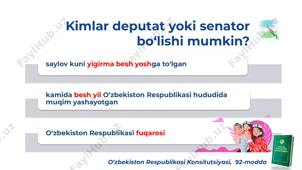 si oliy majlisining senati to‘g‘risida”gi o‘zbekiston respublikasi konstitutsiyaviy qonuni/ 2002-yil 12-dekabr,432-ii-son “o‘zbekiston respublikasi oliy majlisi qonunchilik palatasi deputatining va senati a’zosining maqomi to‘g‘risida”gi o‘zbekiston respublikasi qonuni/ 2004-yil 2-dekabr, 704-ii-son e’tiboringiz uchun rahmat! image1.png image2.png image3.png image6.png image4.jpeg image5.png image7.png image8.png image9.png image10.png image11.png image12.png image13.png image14.jpeg image15.jpg image16.jpeg image17.jpg image18.jpeg image19.png image20.jpeg image21.png image22.png image23.png image24.png /docprops/thumbnail.jpeg