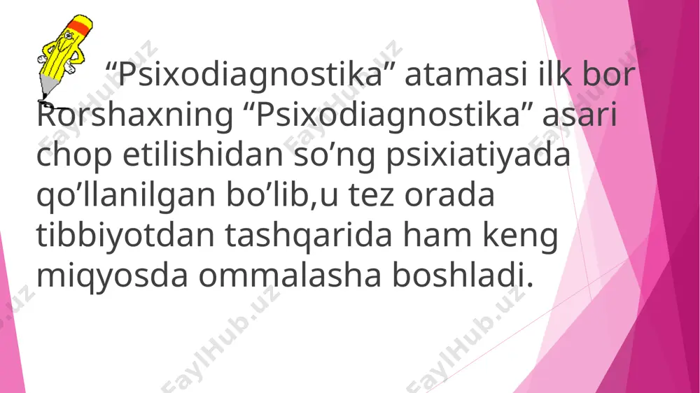(yunon. psychikos- ruµiy, diagnosbkos – aniqlashga oid) - psixik taraqqiyot darajasi va individual psixologik xususiyatlarni aniqlash maqsadida odamni µar tomonlama tekshirib khrish usuli. psixodiagnostika (yunon. diagnostikos - bilishga qodir) shaxsning individual psixologik xususiyatlarini aniqlovchi va hlchashni ishlab chiquvchi psixologiya usuli. eksperimental psixologiya- umumiy psixologiyaning tarkibiy qismi bo`lib, ruhiy jarayonlarni tajriba yordamida o`rganadi. eksperiment (tajriba)-ruhiy jarayonlarni o`rganish uchun zarur sharoitlarni ataylab vujudga keltirib, o`rganishga yo`naltirilgan psixologik tadqiqot uslubi. simptomatik diagnoz - mavjud har qanday ehm bajarishi mumkin bo‘lgan tadqiqotda olingan natijalar qayta ishlash. etiologik diagnoz - (kelib chiqish sabablari) biror xususiyatning mavjudligigina emas, balki uning vujudga kelish sabablarini ham hisobga olish. tipologik diagnozda sinaluvchi shaxs tuzilishida olingan natijalarning ahamiyati va o‘rni aniqlanadi. e’tiboringiz uchun rahmat! 600-01184727