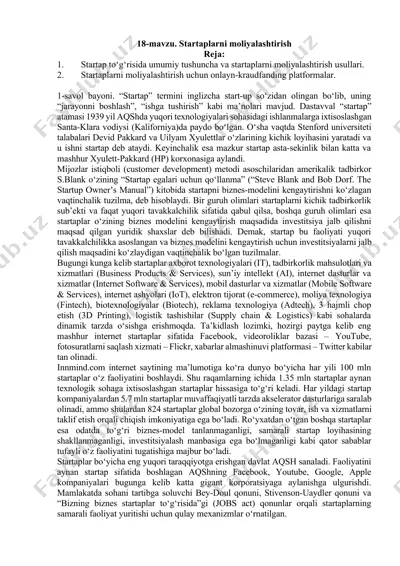 startaplarni moliyalashtirish — DOCX