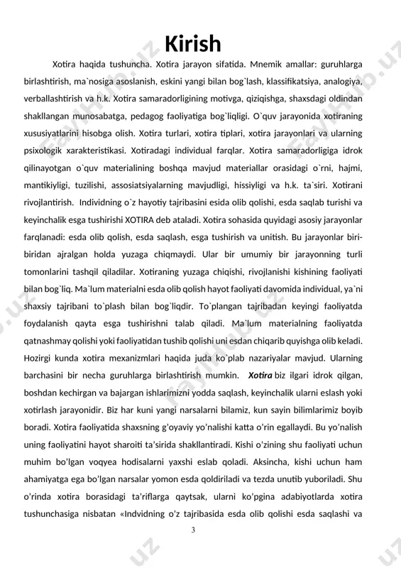 , o’quvchilar hamma fanlarni bir xil o’zlashtira olmaydilar. bu ularning har xil xotiraga ega ekanliklarini emas, balki o’qitilayotgan fanga qiziqishning har xilligi bilan tushuntiriladi. esda olib qolishga kishining emosional munosabati ham katta ta’sir ko’rsatadi. kishi uchun yaqqol xayajonli reaksiya vujudga keltiruvchi narsalar ongda chuqur iz qoldirib puxta va uzoq yodda saqlanadi. biz bir narsadan ta’sirlansak, o’sha uzoq vaqt esda saqlanadi. samarali xotira kishining iroda sifatlariga ham bog’liqdir. kuchsiz, irodasiz, ishyoqmas kishilar har doim yuzaki yomon xotirlaydilar. aksincha, irodali, materialni o’zlashtirishga astoydil kirishadigan kishilar puxta va chuqur eslab qoladilar. samarali xotira kishining umumiy madaniyatiga uning aqliy saviyasiga bilimiga o’quviga fikrlash qobiliyatiga, ko’nikmaa va odatlariga ham bog’liqdir. shunday qilib, xotiraning tabiati va uning samaraliligi shaxsning xususiyatlari bilan bog’liqdir. shaxs o’z oldiga qo’yilgan maqsad va vazifalari asosida o’zining xotirlash jarayonini ongli ravishda tartibga soladi va boshqaradi. xotira sohasida quyidagi asosiy jarayonlar: esda olib qolish, esda saqlash, esga tushirish va unutish bir-biridan farq qilinadi. …