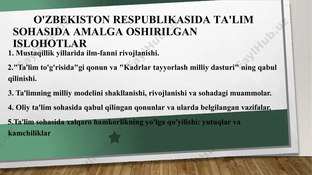 uylarda tashkil etiladigan bolalar bog’chalari hamda «bolalar bog’chasi-maktab» majmui tarmog’i rivojlandi. bolalarga chet tillarni, xoreografiya, tasviriy va musiqa san’ati, kompyuter savodxonligi asoslarini o’rgatuvchi 800 dan ortiq guruh tashkil etildi. «sog’lom avlod uchun», «iqtisodiy ta’lim», «qishloq maktabi», «rivojlanishda nuqsoni bo’lgan bolalarni tiklash» va boshqa tarmoq dasturlari ishlab chiqildi hamda ta’lim jarayoniga tadbiq etila bordi. 4 ikkinchidan, vazirlar mahkamasi, ta'lim sifatini nazorat qilish davlat inspektsiyasi (ta'lim inspektsiyasi), prezident, ijod va ixtisoslashtirilgan maktablarni rivojlantirish agentligi, shuningdek soha vazirliklari va mahalliy davlat hokimiyati organlarining vakolatlari tafsilotlari bilan aniqlashtirildi. uchinchidan, ta'lim jarayonining barcha ishtirokchilarining huquqiy maqomiga ko'proq e’tibor qaratilgan: ta'lim tashkilotlari – ularni tashkil etish, qayta tashkil etish va tugatish, ustavga talablar; pedagogik xodimlar, ta'lim oluvchilar, ularning ota-onalari va boshqa qonuniy vakillari – huquqlar, majburiyatlar va kafolatlar bo'yicha. ta'lim-tarbiya jarayoni ishtirokchilarini ijtimoiy himoya qilish chora-tadbirlari belgilangan to'rtinchidan, davlat ta'lim standartlari va talablari, o'quv jarayoniga o'quv rejalari va dasturlarini, ta'lim sohasiga eksperimental va innovasion faoliyat ta'limni …