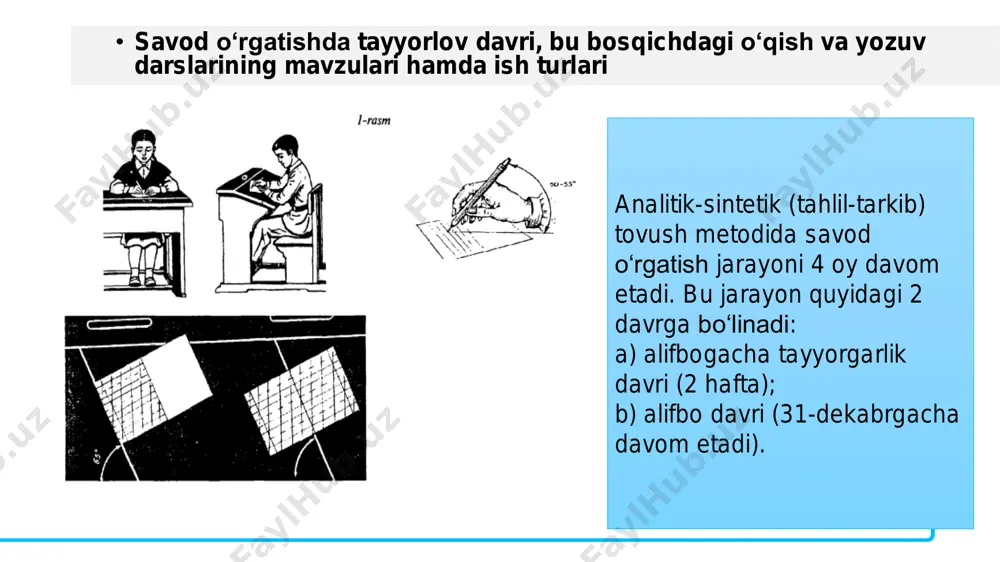 so‘zlarni o‘qishga o‘rgatiladigan bosqich. alifbo davrining oxirida o‘quvchilar quyidagi bilim va ko‘nikmalarga ega bo‘lishlari zarur: d) kesma harf va bo‘g‘inlardan so‘z tuza olishi va o‘qishi; e) 2-3-4 bo‘g‘inli so‘zlarni yaxlit, adabiy- orfocpik talaffuz bilan o‘qishi; a) hamma tovushlarni tanishi va har qanday holatda to‘g‘ri talaffuz qilishi; b) so‘zning bo‘g‘in-tovush, tovush-harf tahlilini bilishi, so‘zdagi tovushlarning izchil tartibini aniqlay olishi, kerakli tovushni so‘z va bo‘g‘inga ajrata olishi; i) o‘qigan matnga sarlavha topa olishi; j) to‘g‘ri, tez, ongli va ifodali o‘qish malakalariga ega bo‘lishi. f) gaplarni ohangiga rioya qilib o‘qishi; g) o‘zi o‘qigan matnning mazmunini tushunib, ongli o‘qishi; h) o‘qigan matn mazmunini savollar asosida soddagina qilib qayta hikoyalab berishi; 01 02 03 05 04 content b - 70% content c - 30% content d - 90% alifbe davri yozuv darslarining vazifasi — kichik va bosh yozma harflarni to‘g‘ri shakllantirish, harflarni to‘g‘ri ulash, alifbeda o‘qigan bo‘g‘in, so‘z va gaplarni namunaga qarab yozish, harf, bo‘g‘in, …