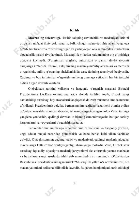 va hujjatlarni yangi asoslarda tahlil etib umumlashtirish muhimdir. o’zbekiaston respublikas prezidenti ta'kidlaganlaridek “mustaqillik yillari o‘z o‘tmishimizni, o‘z madaniyatimizni xolisona bilib olish davridir. bu jahon hamjamiyati, tarix oldidagi vazifamizni anglab olish davridir”[footnoteref:1]. xalqimiz tarixini o‘rganish va uni targ‘ib etishda, o‘zbek davlatchiligi tarixida, uning madaniy rivojlanishida hukmdor sulolalar boshqaruvi, ularning ayrim vakillari alohida o‘rin tutadi. o‘zbek xalqi davlatchiligi taraqqiyotida somoniylar sulolasining hukmronligi katta ahamiyat kasb etadi. odatda sulolalar biron-bir o‘zlariga mansub yirik namoyanda faoliyati orqali mashhurlikka erishadilar (masalan, eftaliylar, anushteginiylar, temuriylar). somoniylar ham shunday, ular aslida somon qishlog‘i oqsoqoli somonxudotning avlodlaridir. mavzuning o‘rganilganilish darajasi. (bu masala birinchi bobda – mavzuning tarixshunosligi qismida batafsil yoritilgan) somoniylar davriga oid manbalar ichida abu bakr muhammad ibn ja'far narshaxiyning (899-959) “buxoro tarixi” (944), abu rayhon beruniyning (973-1048) “qadimgi xalqlardan qolgan yodgorliklar yoki “osor ul-boqiya” (1000), abu ali hasan ibn ali tusiy – nizomulmulkning (1018-1092) “siyosatnoma” yoki “siyar ulmuluk” (1091), asarlari o‘sha davrning siyosiy, ijtimoiy-iqtisodiy va madaniy …