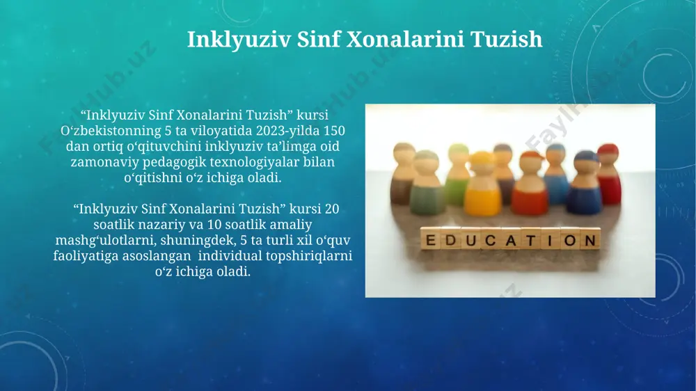 aqsadlari инклюзив таълим курсининг асосий мақсади – 20 нафардан ортиқ ўқитувчига ўзбекистоннинг тошкент шаҳридаги 5 та мактабда инклюзив таълим услубларини ўргатиш ва уларнинг амалиётда қўлланилишини таъминлашдир. курс давомида 30 дан ортиқ инклюзив таълимга оид ўқув материаллари ва 5 та амалий машғулотлар ўтказилади, бу эса назарий билимларни амалиёт билан боғлашни таъминлайди ва самарқанд вилоятидаги мактаблар учун намуна бўлади. inklyuziv ta'limda baholash inklyuziv ta'limda baholash jarayoni 5-10 yoshli o'quvchilarning samarqanddagi inklyuziv maktablarda o'zlashtirish darajalarini aniqlash uchun 3 bosqichli tizimdan foydalanadi. inklyuziv ta'lim bahosini shakllantirishda, o'quvchining 20% amaliy ko'nikmalari, 30% nazariy bilimlari va 50% ijtimoiy moslashuvchanligi hisobga olinadi, toshkent shahridagi tajribalar shuni ko'rsatadi. o'qitish metodlari va texnologiyalari "o'qitish metodlari va texnologiyalari" kursi 50 dan ortiq o'quv mavzularini o'z ichiga olib, zamonaviy pedagogik texnologiyalar, shu jumladan, samarqanddagi 3 ta universitetda qo'llaniladigan onlayn platformalarni o'rganishni o'z ichiga oladi. kursning yakuniy baholashida 3 ta asosiy ko'rsatkich hisobga olinadi: nazariy bilimlar (40%), amaliy ko'nikmalar (30%) va loyiha …