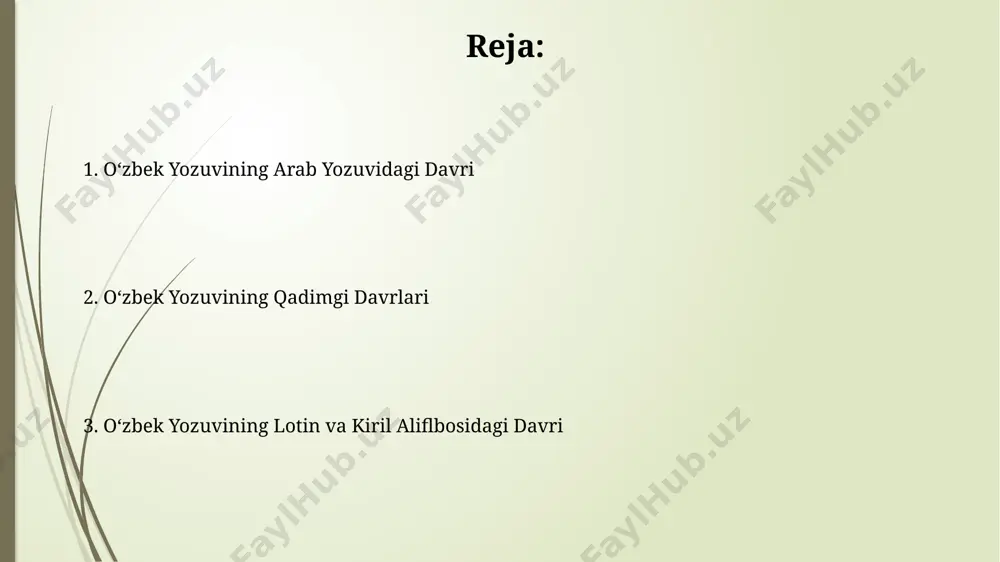 bu yangilik turkiston viloyatining ma'muriy tizimiga katta ta'sir ko'rsatdi va 20 dan ortiq turkiy tilga ta'sir qildi. so'g'd yozuvi соғд ёзуви 5-8-асрларда соғдиёна (ҳозирги ўзбекистон, тожикистон ва қирғизистон ҳудудлари)да кенг тарқалган бўлиб, асосан папирус ва терига ёзилган. соғд ёзувида ёзилган кўплаб ҳужжатлар, хусусан, хусусий ва давлат хат-хабарлари марказий осиёнинг турли шаҳарларида топилган. zamonaviy o'zbek yozuvi 20-asrning ikkinchi yarmida o'zbek tilida 40 dan ortiq turli xil qo'llanmalar va lug'atlar zamonaviy o'zbek yozuvi asosida nashr etildi, bu uning standartlashuvida muhim rol o'ynadi. zamonaviy o'zbek yozuvi 1940-yillarda lotin alifbosidan kirill alifbosiga o'tkazildi, bu esa 30 dan ortiq harf o'zgarishini keltirib chiqardi va samarqanddagi nashriyotlarda katta o'zgarishlar yuz berdi. e'tiboringiz uchun rahmat @taqdimot_robot image1.jpg image2.jpg image3.jpg image4.jpg image5.jpg image6.jpg image7.jpg