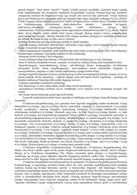 a chek qo‘yish, yetkazilgan zararlarni undirib olish va shu kabi choralar qo‘llanilishida namoyon bo‘ladi. fuqarolik huquqi – bu har qanday rivojlangan huquq tizimining eng muhim tarkibiy qismidir. ayni vaqtda fuqarolik huquqi iborasini fuqaroviylik bilan chalkashtirmaslik lozim. shaxsning fuqaroligi – bu uning jismoniy shaxs sifatida muayyan davlatga mansubligi, davlat bilan shaxs o‘rtasidagi doimiy, barqaror huquqiy bog‘lanishidir. fuqarolik huquqi esa mutlaqo boshqa va keng ma’nodagi tushunchadir. fuqarolik huquqi iborasi kelib chiqishining tarixiy ildizi rim “sivil huquqi” (jus civil) ga borib taqaladi. qadimgi rimda bu huquq tushunchasi rimning tubjoy fuqarolari-kviritlar (cives) huquqini, davlat-shaharlar (civitas) huquqini anglatgan. keyinchalik, yevropa mamlakatlari huquq tizimlari tomonidan rim xususiy huquqini o‘zlashtirib olish (retsensiya) jarayonida bu tushuncha hozirgi zamon yuridik atamashunosligiga ko‘chirildi. shu sababli ham fuqarolik huquqini ba’zan sivilistika deb ham ataydilar. mamlakatimiz mustaqilligining ilk davrlarida fuqarolik huquqi bilan fuqaroviylikni farqlash maqsadlarida fuqarolik huquqini muomala huquqi deb atash haqida takliflar ham bo‘ldi. biroq bu takliflar ilmiy jamoatchilik tomonidan keng …
