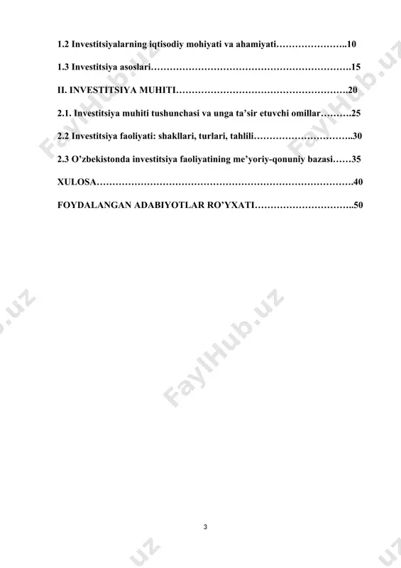 nvestitsiya muhitini yaratish. investitsiya dasturlarining moliyalashtirish imkoniyatlari markaz- lashgan manbalarning chegaralanganligi uchun kapital mablag'lardan foydalanish yo'nalishiga jiddiy ta'sir ko'rsatmoqda. budjet hisobidan birinchi navbatda ijtimoiy sohani moliyalashtirish uchun foydalanil- moqda. ishlab chiqarishni rivojlantirish avvalo korxona va tashkilot- larning o'z mablag'larini safarbar qilish bank krediti hisobiga amalga oshirilmoqda.investitsiyani moliyalashtirish asosan mamlakatdagi iqtisodiy siyosat, qonunchilik, investitsiyani jalb qilish infratuzilmasining rivoji, darajasi va mamlakatning iqtisodiy ahvoliga bog'liq bo'ladi.[footnoteref:1] [1: ergasheva sh., uzoqov a. investitsiyalarni tashkil etish va moliyalashtirish. o q q lla a. t.: “iqtisod-moliya”, 2008. 208b.] investitsiya faoliyatini rivoji uchun mazkur omillarni ilmiy tahlil qilish lozim. bu tahlil mablag'lar yo'nalishining eng maqbul usulini tanlash va kelajakda har bir hududga mos keladigan investitsiya siyosatini belgilash imkoniyatini beradi. iqtisodiy o'sishga erishishda nafaqat investitsiya hajmini ko'paytirish, balki ularning yo'nalishlari va tuzilmalarini to'g'ri tanlash ham muhim ahamiyat kasb etadi. investitsiyalash uchun shunday ishlab chiqarish turlari va korxona- larni tanlash lozimki, ular tezda o'zini qoplab, yuqori darajada iqtisodiy …