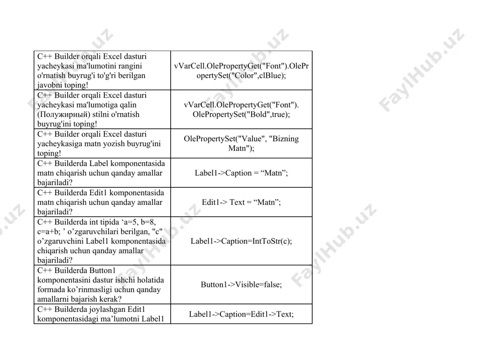 ar bajarish uchun ularni formaga qaysi komponenta orqali to'gridan-tog'ri kiritish mumkin? edit c++ builderda edit1 komponentasiga ma’lumot kiritishni taqiqlash uchun qanday amallar bajariladi? edit1->readonly=true; c++ builderda edit1 komponentasiga kichik harf registrida ma’lumot kiritish uchun qanday amallar bajariladi? edit1->charcase=eclowercase; c++ builderda edit1 komponentasiga katta harf registrida ma’lumot kiritish uchun qanday amallar bajariladi? edit1->charcase=ecuppercase; c++ builderda edit1 komponentasiga 5 tagacha bo’lgan simvolda ma’lumot kiritish uchun qanday amallar bajariladi? edit1->maxlength=5; c++ builderda edit1 komponentasiga kritilayotgan simvollarni barchasini ‘*’ ko’rinishida chiqarish uchun qanday amallar bajariladi? edit1->passwordchar='*'; c++ builderda edit1 komponentasiga kritilayotgan simvollarni barchasini ‘@’ ko’rinishida chiqarish uchun qanday amallar bajariladi? edit1->passwordchar='@'; c++ builderda edit1 komponentasiga kritilayotgan simvollarni barchasini ‘#’ ko’rinishida chiqarish uchun qanday amallar bajariladi? edit1->passwordchar='#'; c++ builderda edit1 komponentasiga kritilayotgan simvollarni barchasini ‘&’ ko’rinishida chiqarish uchun qanday amallar bajariladi? edit1->passwordchar='&'; c++ builderda bitbtn1 komponentasiga rasm qo’yishda qaysi hossadan foydalaniladi? glyph c++ builderda maskedit komponentasining qaysi hususiyati orqali maska(qolip) qo'yiladi? editmask c++ builderda image …
